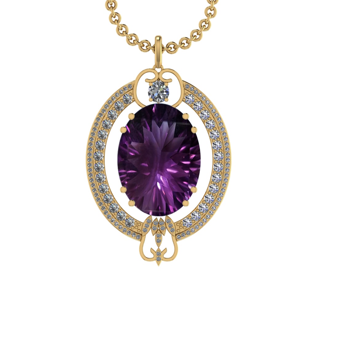 45.78 Ctw VS/SI1 Amethyst and Diamond 14K Yellow Gold Pendant: Center Stone Weight : 42.84 Ctw ( Oval Cut) Center Stone Color :-Amethyst Setting : Prong Side Weight Of Ctw 2.94 Ctw Color : J-K Clarity : VS/SI1 Stone Setting : Prong Metal Weight : Approx 14.90 gra