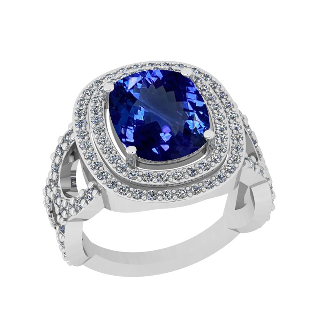5.90 Ctw VS/SI1 Tanzanite And Diamond 18k White Gold Cocktail Ring: Center Stone Weight : 4.82 Ctw (Cushion Cut ) Center Stone Color : Tanzanite Stone Setting : Prong Side Stone Weight Of Ctw 1.08 Ctw Side Stone Color : J-K Stone Clarity : VS/SI1 Stone Setting : Prong