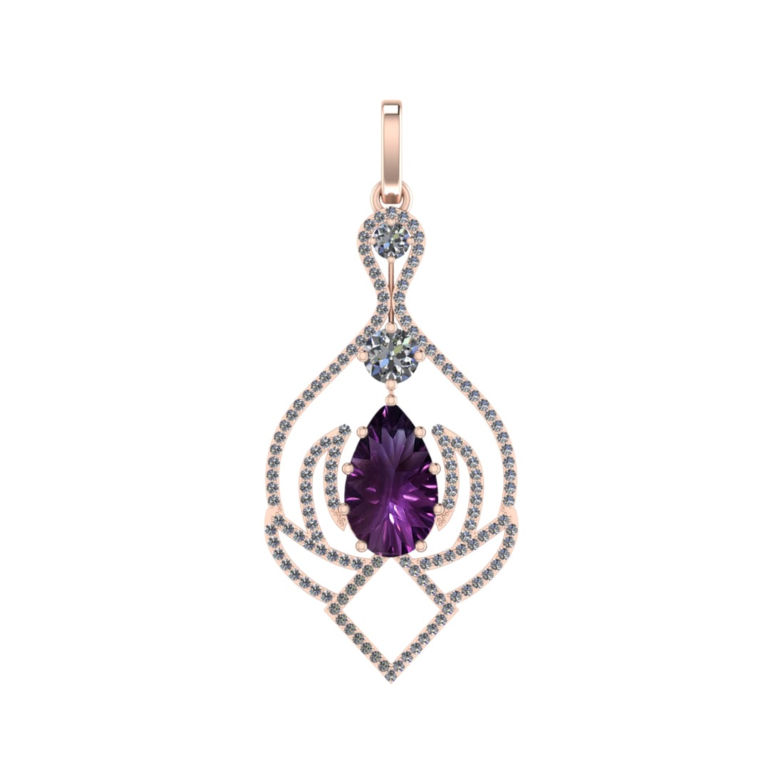 71.81 Ctw SI2/SI1 Amethyst and Diamond Prong Set 14k Rose Gold Pendant (ALL: Center Stone Weight :-53.04 Ctw ( Pear Cut) Center Stone Color :-Amethyst Center Stone Setting : Prong Side Diamond Weight Of Ctw 18.77 Ctw Color : F-G Clarity : SI2/SI1 Stone Setting : Prong Metal We