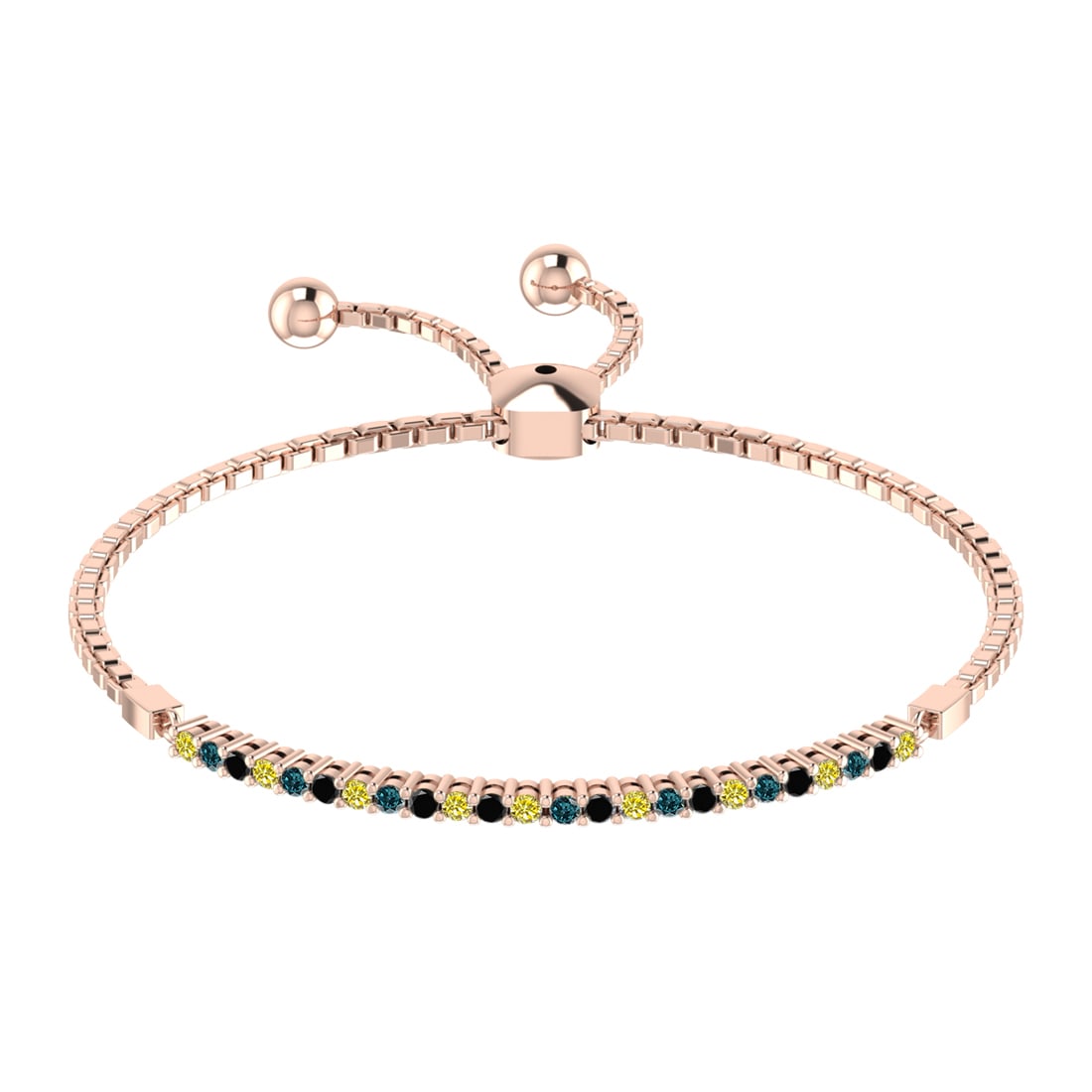 0.52 Ctw I2/I3 Treated Fancy black,Blue,Yellow diamond Prong Set 14k white: Multi Daimond Weight :-0.52 Ctw Color : Treated Fancy black,Blue,Yellow diamond Clarity : I2/I3 Setting : Prong Metal Weight : Approx 5.60 gram 14k White Gold Tennis Slide Bracelet MJ2675-1.7SB #3SS96