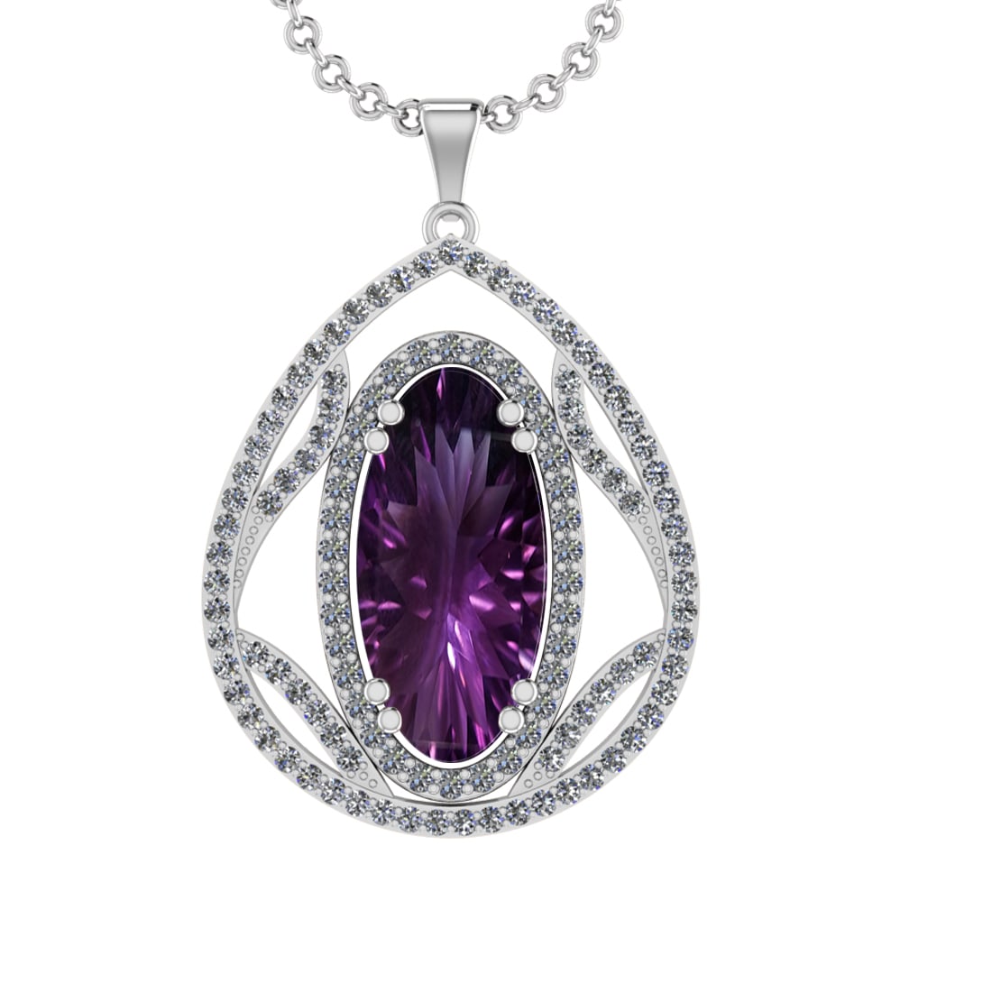 16.93 Ctw VS/SI1 Amethyst and Diamond Prong Set 14k White Gold Pendant (ALL: Center Stone Weight : 15.20 Ctw ( Oval Cut) Center Stone Color :-Amethyst Setting : Prong Side Weight Of Ctw 1.73 Ctw Color : J-K Clarity : VS/SI1 Stone Setting : Prong Metal Weight : Approx 11.80 gra