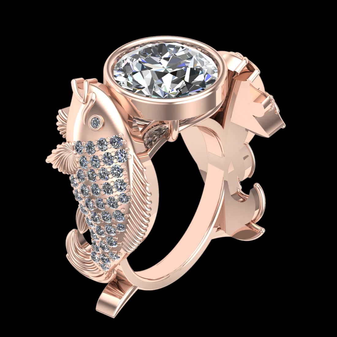 4.02 Ctw VS/SI1 Diamond 10k Rose Gold Fish theme zodiac signs Engagement Ri: Center Diamond Weight :-2.80 Ctw ( Round cut) Color :- J-K Clarity : VS/SI1 Center Stone Setting : Prong Side Diamond Weight Of Ctw 1.22 Ctw Color : J-K Clarity : VS/SI1 Stone Setting : Prong Metal We