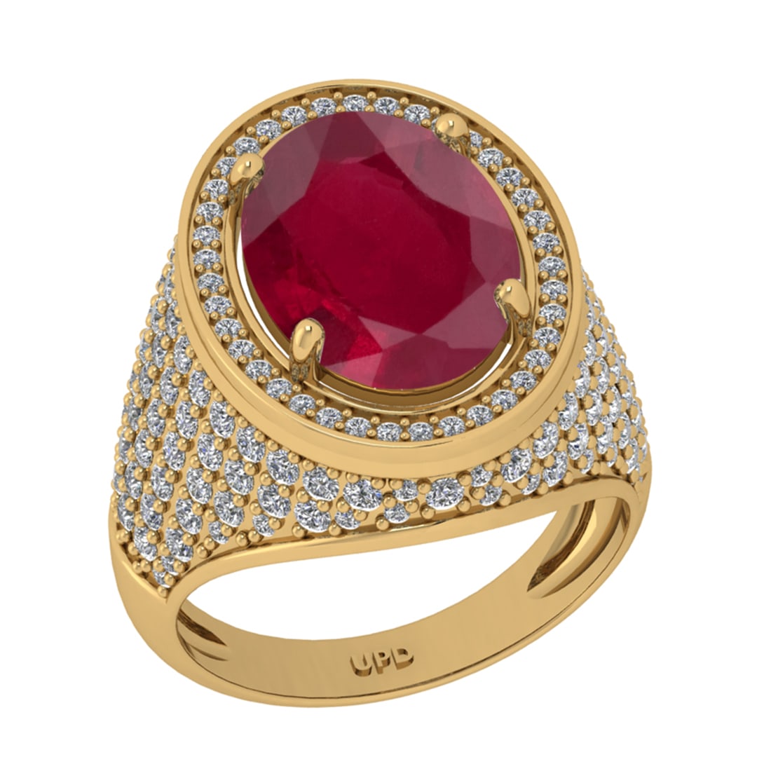 7.50 Ctw VS/SI1 Ruby And Diamond 14K Yellow Gold Engagement Ring: Center Stone Weight : 5.90 Ctw (Oval Cut ) Center Stone Color : Ruby Stone Setting : Prong Side Diamond Weight Of Ctw 1.60 Ctw Side Stone Color : G-H Stone Clarity : VS/SI1 Stone Setting : Prong Metal
