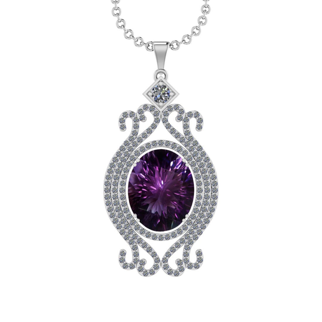 11.88 Ctw VS/SI1 Amethyst and Diamond 14K White Gold Pendant (ALL DIAMOND A: Color Stone Weight : 11.37 Ctw ( Oval Cut) Stone Color :- Amethyst Center Stone Setting : Prong Side Weight Of Ctw 0.51 Ctw Color : J-K Clarity : VS/SI1 Stone Setting : Prong Metal Weight : Approx 7.7