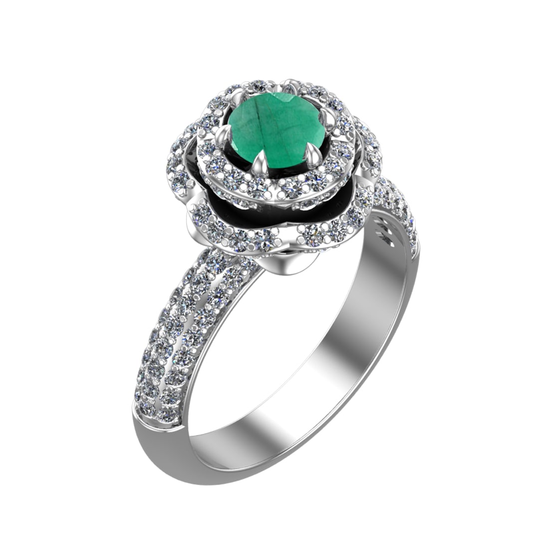 2.22 Ctw VS/SI1 Emeraldand Diamond Prong Set 14k white Gold Engagement Ring: Center Stone Weight :-0.84 Ctw ( Round Cut ) Center Stone Color :-Emerald Center Stone Setting : Prong Side Diamond Weight Of Ctw :- 1.38 Ctw Color : J-K Clarity : VS/SI1 Daimond Setting : Prong Metal