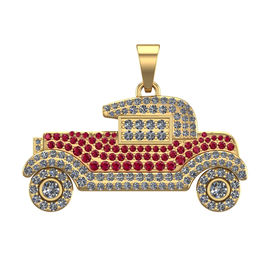 2.64 Ctw SI2/SI1 Diamond Prong Set 14k Yellow Gold Vintage car Theme Pendan: Color Stone Weight :- 1.10 ctw stone color :-Ruby setting :- Prong Total Daimond Weight :-1.54 Ctw Color : G-H Clarity : SI2/SI1 Setting : Prong Metal Weight : Approx 15.40 Gram 14k Yellow Gold Vintag