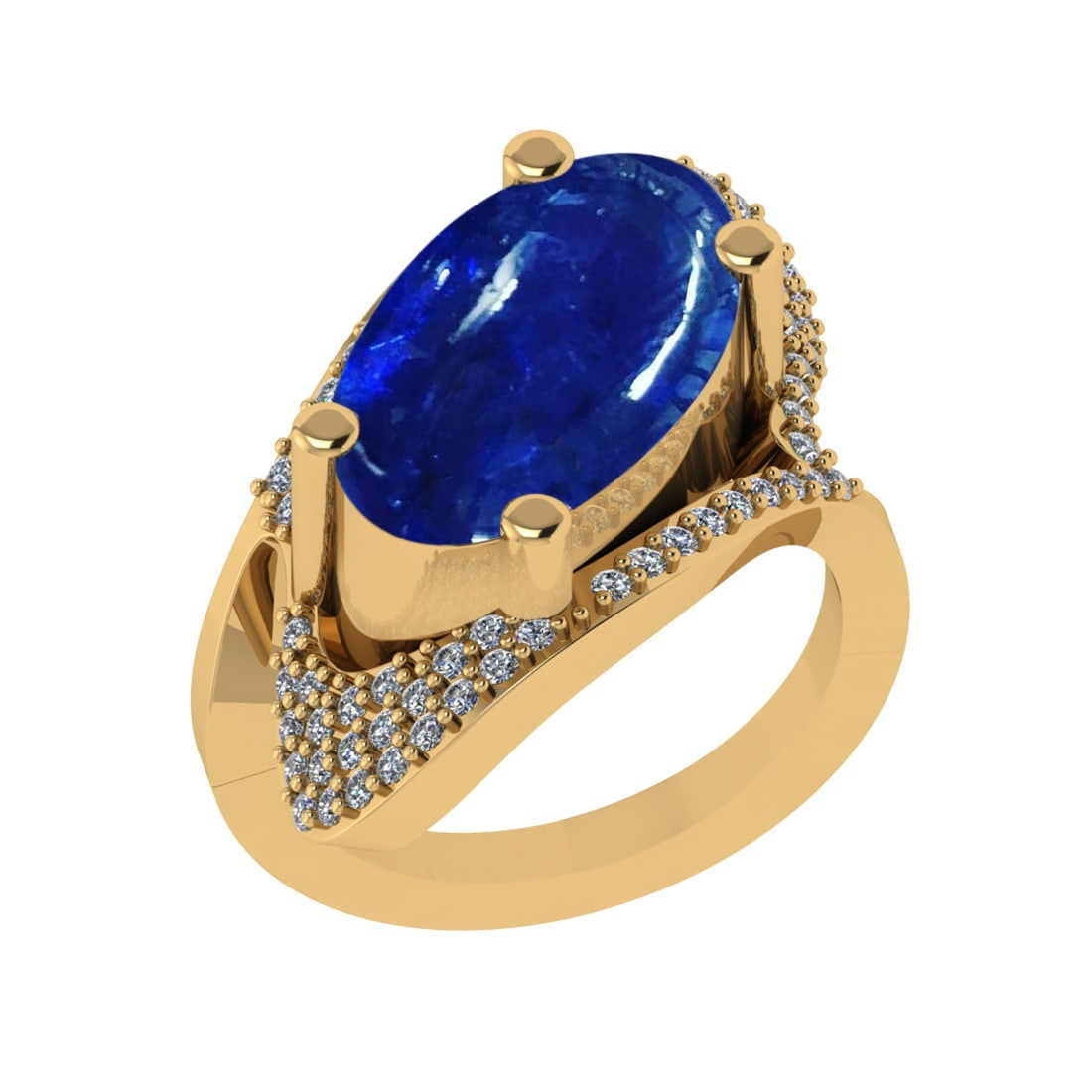14.48 Ctw VS/SI1 Tanzanite and Diamond Prong Set 14K Yellow Gold Engagement: Color Stone Weight : 13.96 Ctw (Oval Cab) Stone Color :- Tanzanite Center Stone Setting : Prong Side Weight Of Ctw 0.52 Ctw Color : J-K Clarity : VS/SI1 Stone Setting : Prong Metal Weight : Approx 12.