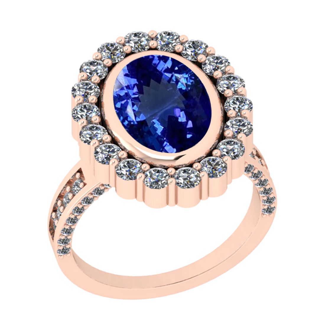 5.85 Ctw VS/SI1 Tanzanite And Diamond 18k Rose Gold Cocktail Ring: Center Stone Weight : 4.15 Ctw (Oval Cut ) Center Stone Color : Tanzanite Stone Setting : Prong Side Stone Weight Of Ctw 1.70 Ctw Side Stone Color : J-K Stone Clarity : VS/SI1 Stone Setting : Prong Me