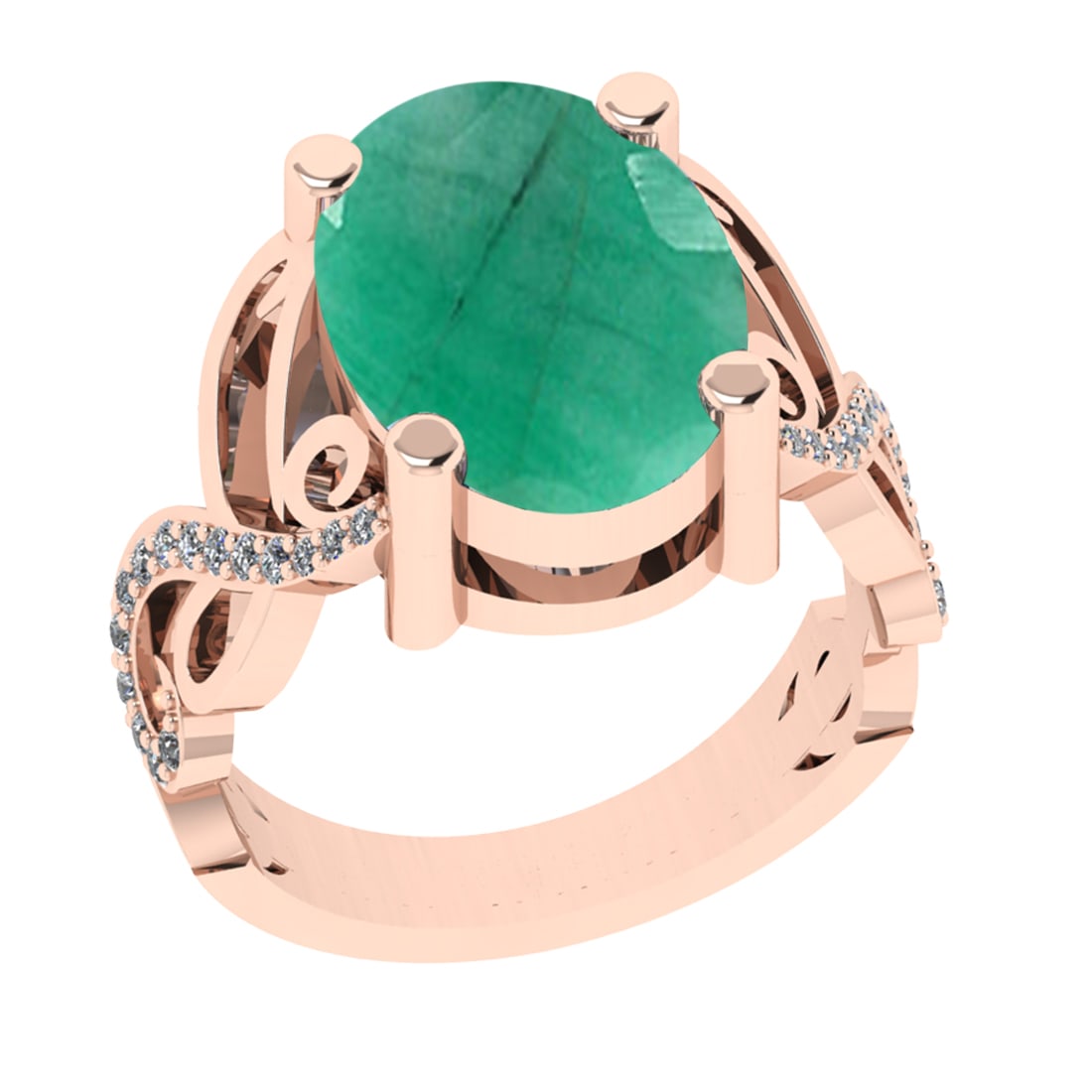 3.68 Ctw VS/SI1 Emerald and Diamond Prong Set 14K Rose Gold Engagement Ring: Center Stone Weight : 3.50 Ctw (Oval Cut) Center Stone Color : Emerald Setting : Prong Side Weight Of Ctw 0.18 Ctw Color : J-K Clarity : VS/SI1 Stone Setting : Prong Metal Weight : Approx 7.10 gram 14