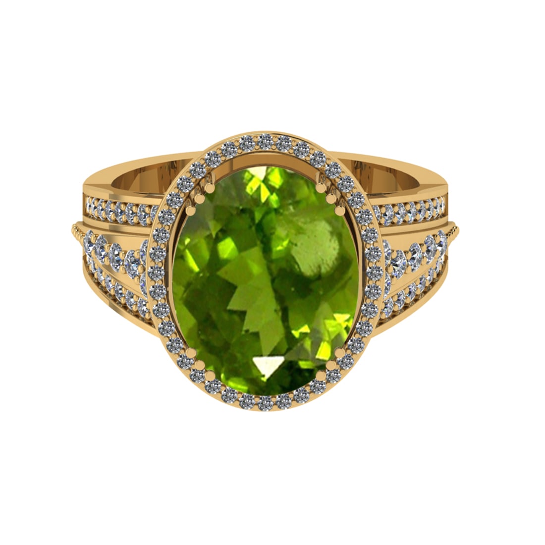 5.60 Ctw VS/SI1 Peridot And Diamond 14K Yellow Gold Engagement Ring( ALL DI: Center Stone Weight : 5.00 Ctw ( Oval Cut ) Center Stone Color : Peridot Stone Setting : Prong Side Diamond Weight Of Ctw 0.60 Ctw Side Stone Color : J-K Stone Clarity : VS/SI1 Stone Setting : Prong M