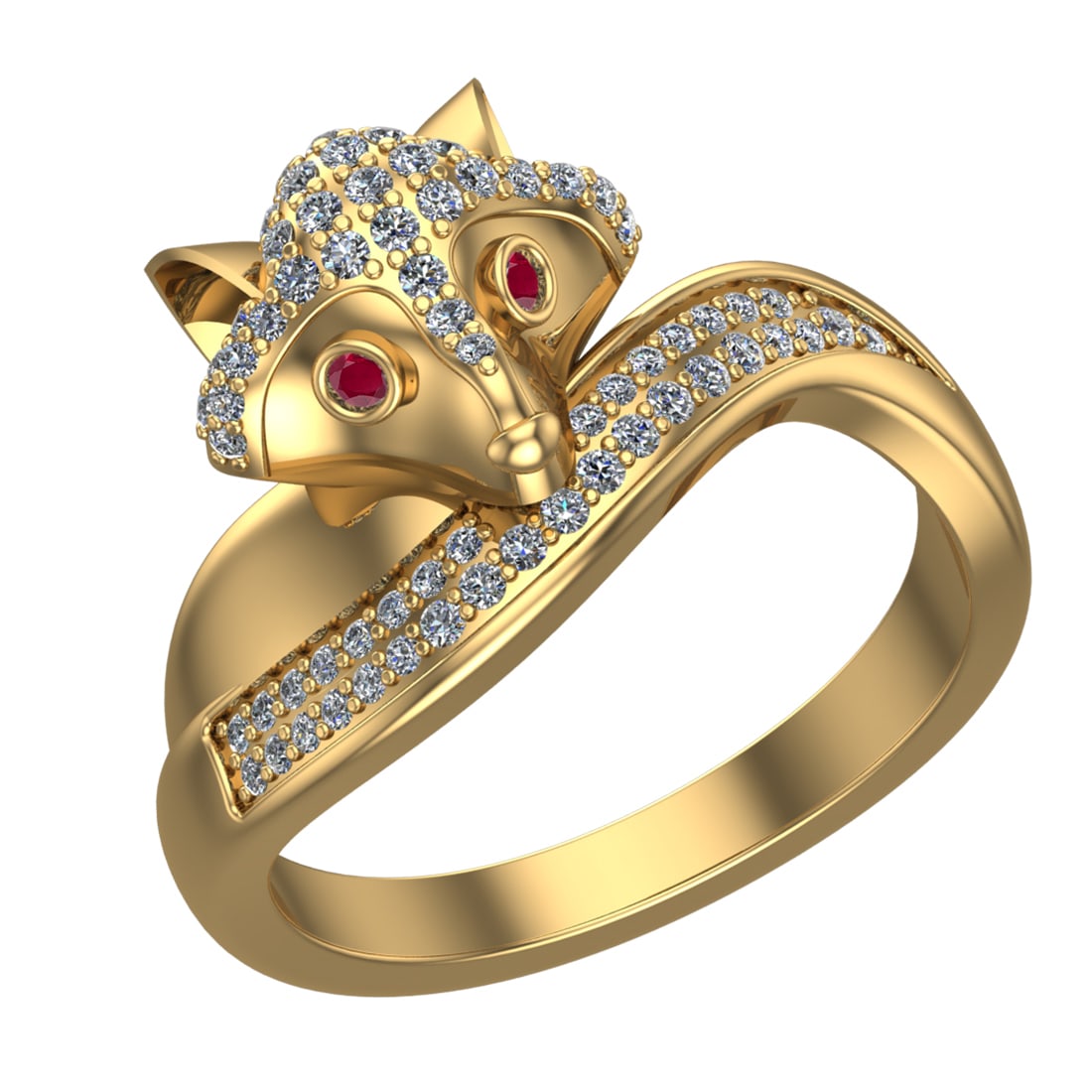 0.52 Ctw VS/SI1 Ruby and Diamond 14k Yellow Gold Animal theme Fox Ring (ALL: Center Stone Weight :-0.03 Ctw ( Round Cut) Center Stone Color :-Ruby Center Stone Setting : Prong Side Diamond Weight Of Ctw :- 0.49 Ctw Color : J-K Clarity : VS/SI1 Daimond Setting : Prong Metal Wei