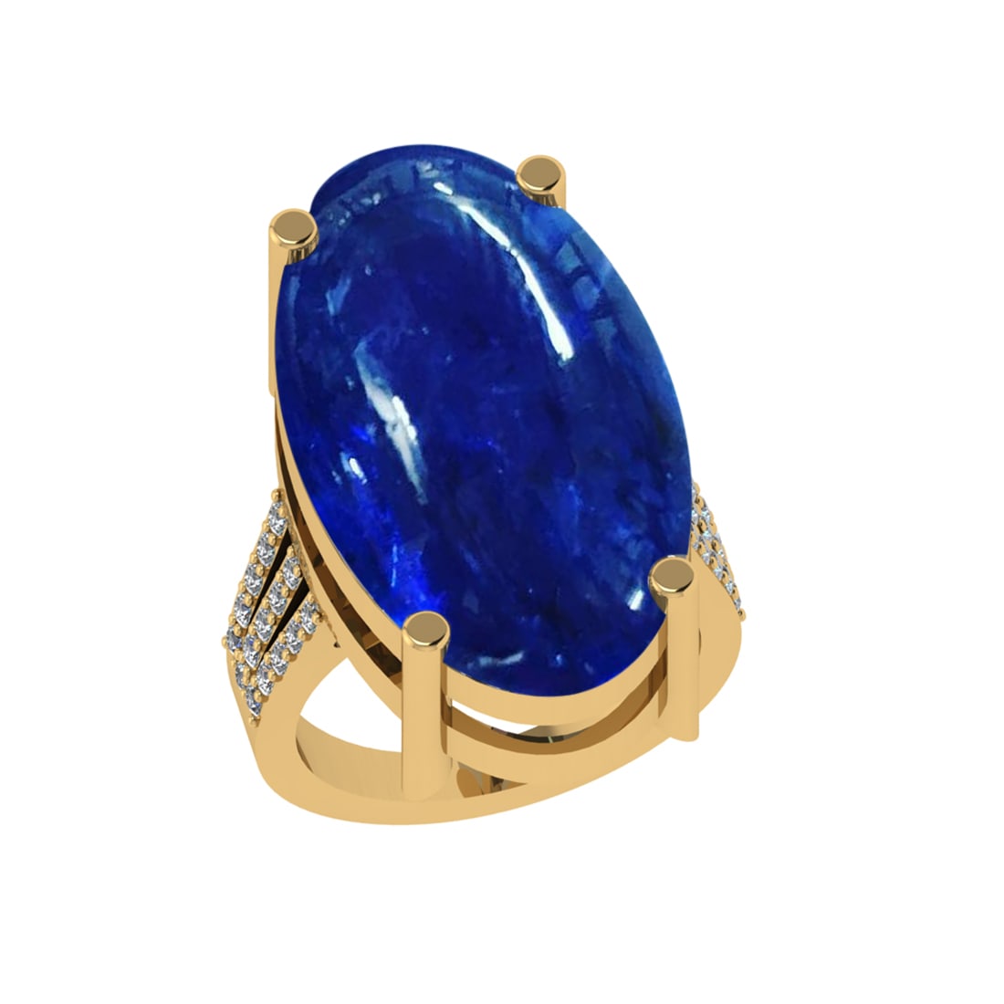 22.14 Ctw VS/SI1 Tanzanite and Diamond Prong Set 14K Yellow Gold Engagement: Color Stone Weight : 21.72 Ctw (Oval Cab) Stone Color :- Tanzanite Center Stone Setting : Prong Side Weight Of Ctw 0.42 Ctw Color : J-K Clarity : VS/SI1 Stone Setting : Prong Metal Weight : Approx 10.
