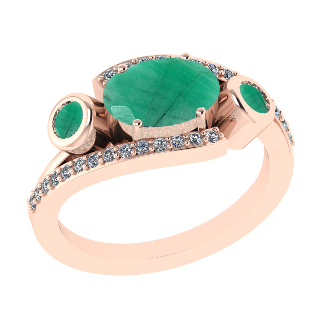 2.94 Ctw VS/SI1 Emerald and Diamond 14k Rose Gold Engagement Ring (ALL DIAM: Center Stone Weight :-2.70 Ctw ( Oval & Round Cut) Center Stone Color :-Emerald Center Stone Setting : Prong Side Diamond Weight Of Ctw 0.24 Ctw Color : G-H Clarity : VS/SI1 Daimond Setting : Prong Me