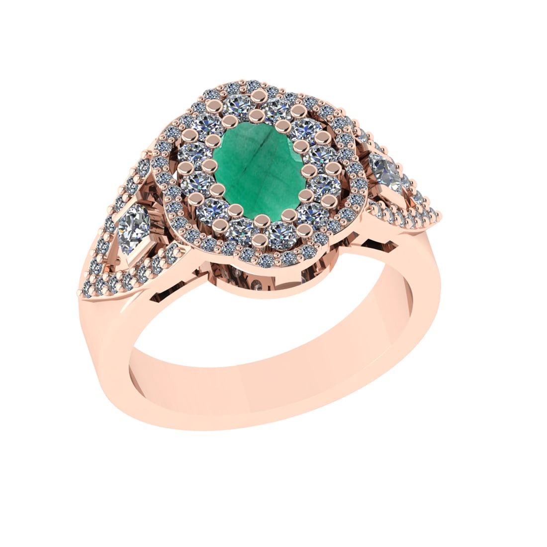 1.73 Ctw VS/SI1 Emerald and Diamond14K Rose Gold Engagement Ring: Center Stone Weight : 0.75 Ctw (Oval Cut) Center Stone Color :-Emerald Center Stone Setting : Prong Side Diamond Weight Of Ctw 0.98 Ctw Color : J-K Clarity : VS/SI1 Stone Setting : Prong Metal Weight