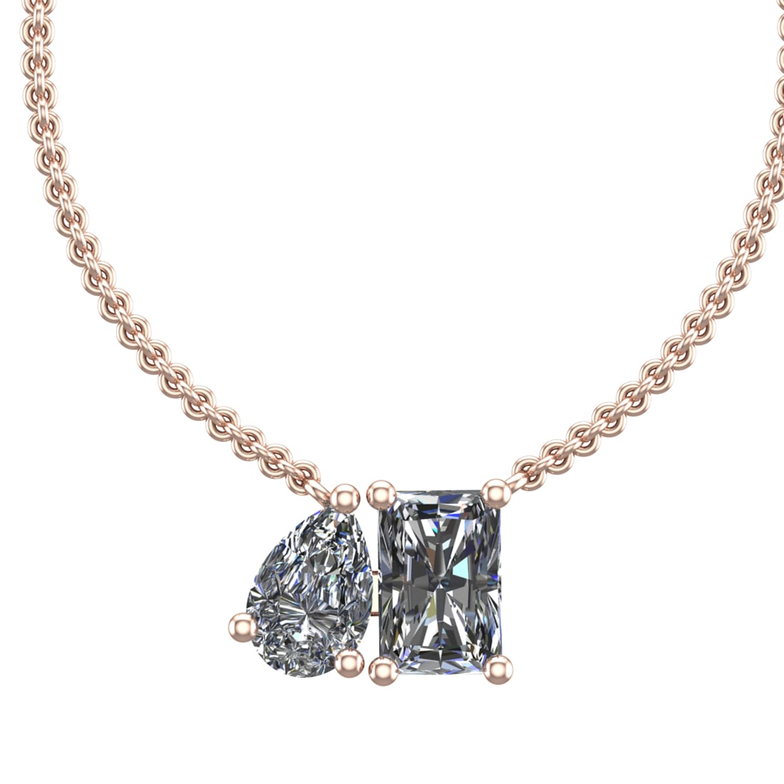 1.00 Ctw SI2/SI1 Diamond Prong Set 14K Rose Gold Two-Stone Pendant Necklace: Total Daimond Weight :-1.00 Ctw ( Pear & Emerald cut ) Color : G-H Clarity : SI2/SI1 Setting : Prong Metal Weight : Approx 2.04 gram 14K Rose Gold Two-Stone Pendant Necklace (ALL DIAMOND ARE LAB GROWN