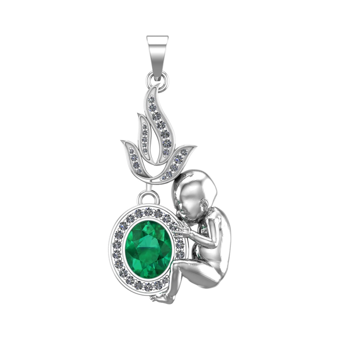 3.03 Ctw SI2/SI1 Diamond Prong Set 14k white Gold Baby shower Theme Pendant: Center Stone Weight :- 2.50 ctw Center stone color :-Emerald setting :- Prong Side Diamond Weight Of Ctw 0.53 Ctw Color : G-H Clarity : SI2/SI1 Daimond Setting : Prong Metal Weight : Approx 9.22 Gram
