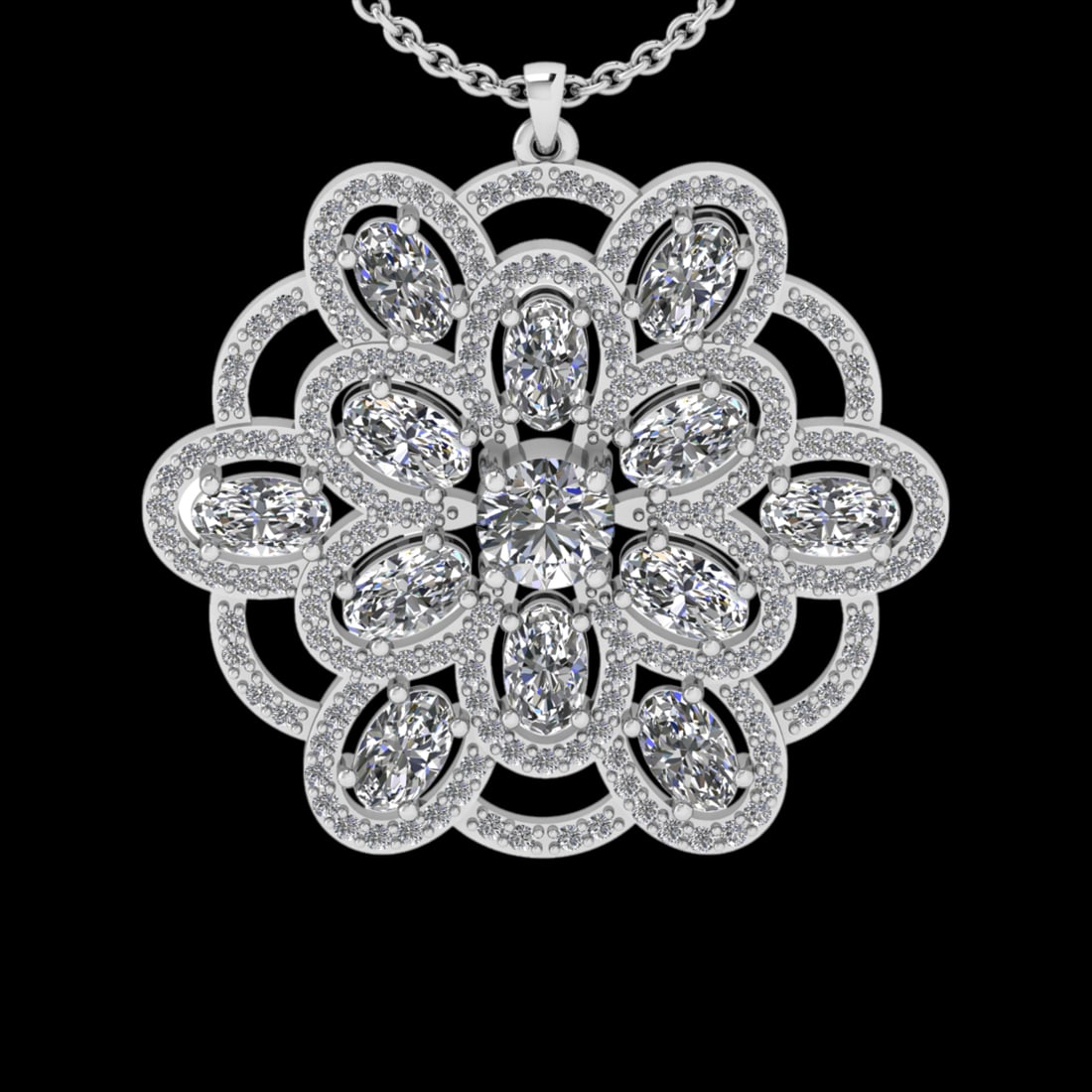 4.28 Ctw VS/SI1 Diamond 18K White Gold Necklace (ALL DIAMOND ARE LAB GROWN: Center Diamond Weight :- 3.50 Ctw (Round & Oval cut) Color :- G-H Clarity : VS/SI1 Center Stone Setting : Prong Side Diamond Weight Of Ctw 0.78 Ctw Color : G-H Clarity : VS/SI1 Stone Setting : Prong M