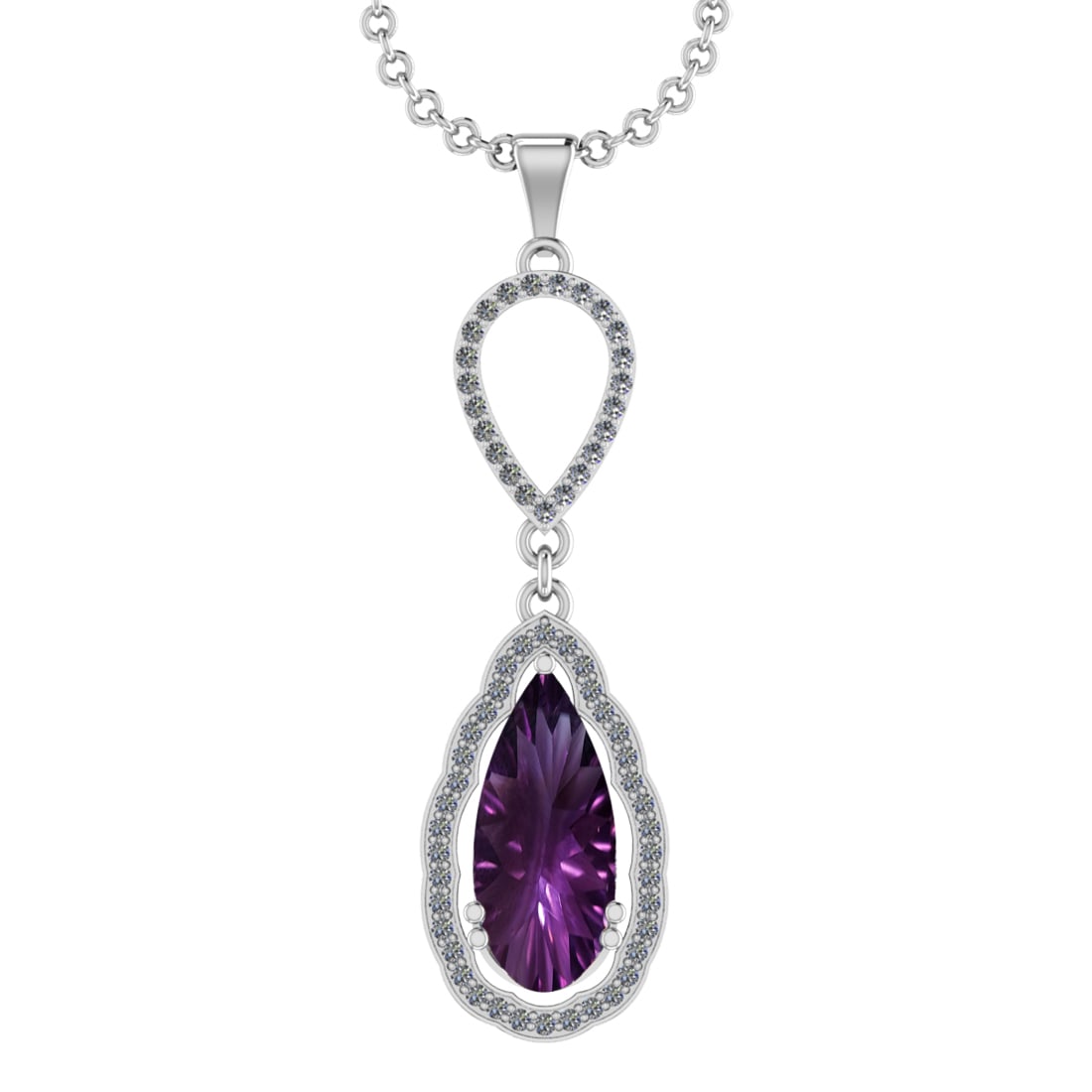 13.84 Ctw VS/SI1 Amethyst and Diamond Prong Set 14k White Gold Pendant (ALL: Center Stone Weight : 13.36 Ctw ( Pear Cut) Center Stone Color :-Amethyst Setting : Prong Side Weight Of Ctw 0.48 Ctw Color : J-K Clarity : VS/SI1 Stone Setting : Prong Metal Weight : Approx 5.80 gram