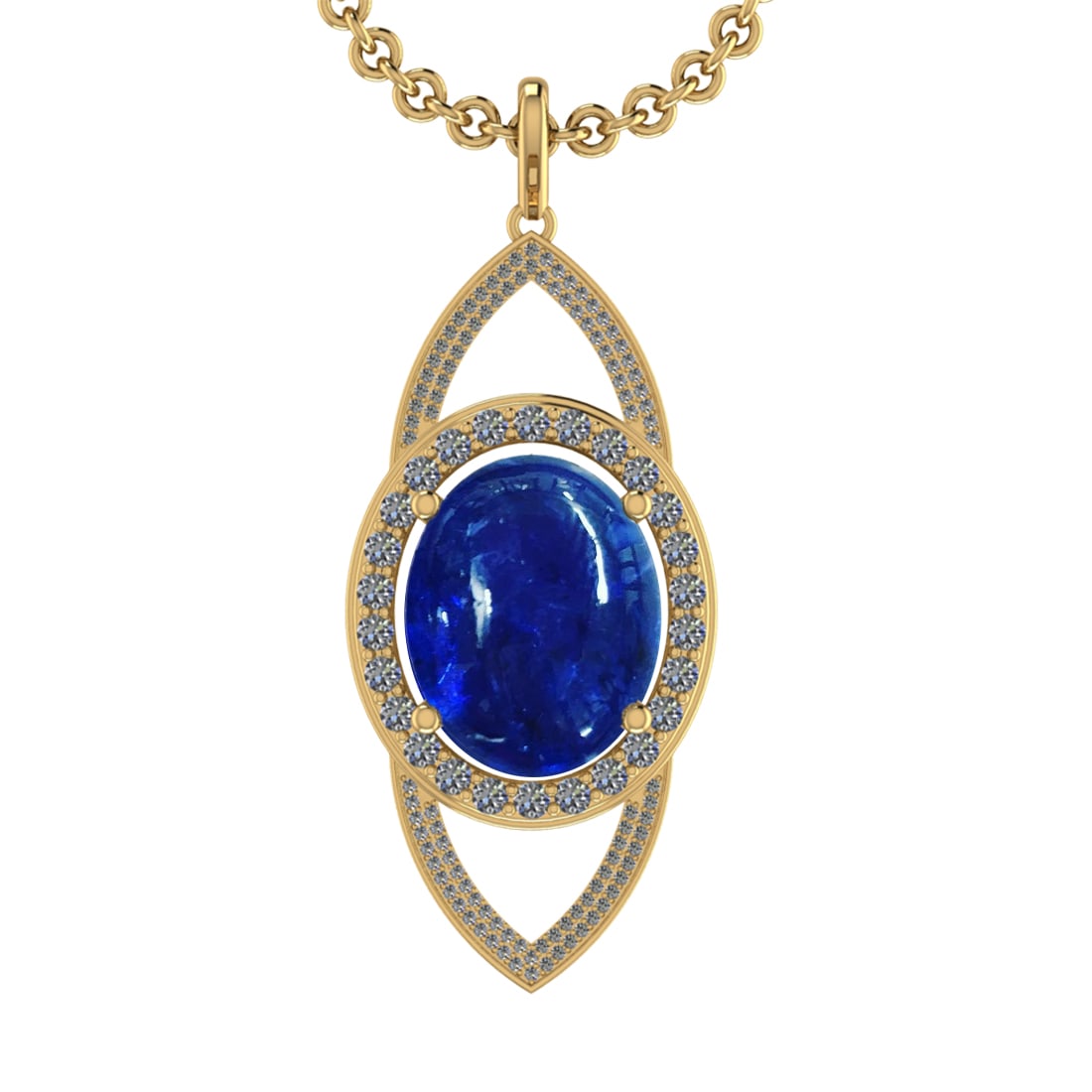 22.50 Ctw VS/SI1 Tanzanite and Diamond 14K Yellow Gold Pendant: Center Stone Weight : 20.84 Ctw ( Oval Cab) Center Stone Color :-Tanzanite Setting : Prong Side Weight Of Ctw 1.66 Ctw Color : J-K Clarity :VS/SI1 Stone Setting : Prong Metal Weight : Approx 11.90 gra