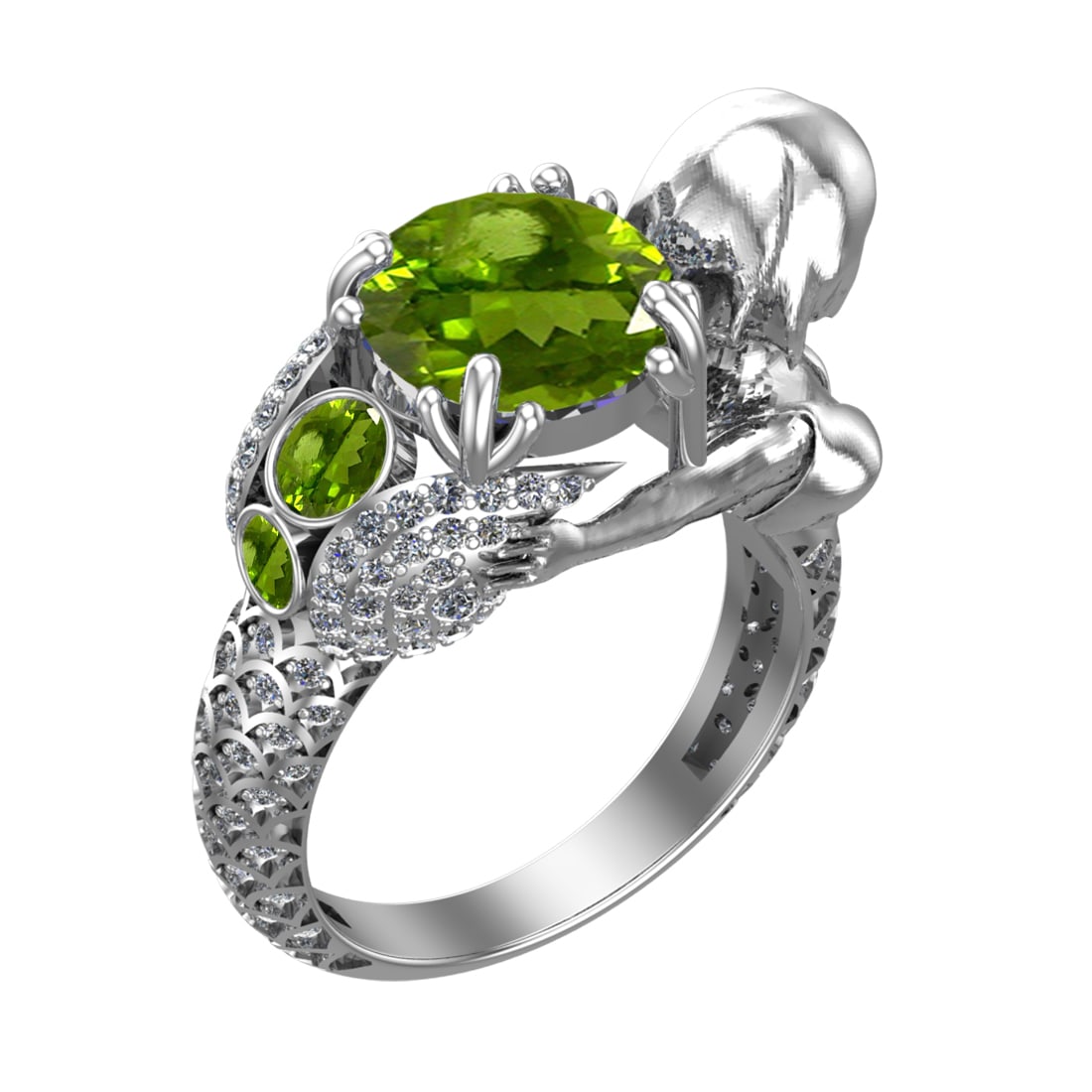 4.92 Ctw VS/SI1 Peridot and Diamond Set 10K white Gold Engagement Ring (ALL: Center Stone Weight :-3.87 Ctw ( Round Cut) Center Stone Color :-Peridot Center Stone Setting : Prong Side Diamond Weight Of Ctw 1.05 Ctw Color : J-K Clarity : VS/SI1 Daimond Setting : Prong Metal Wei