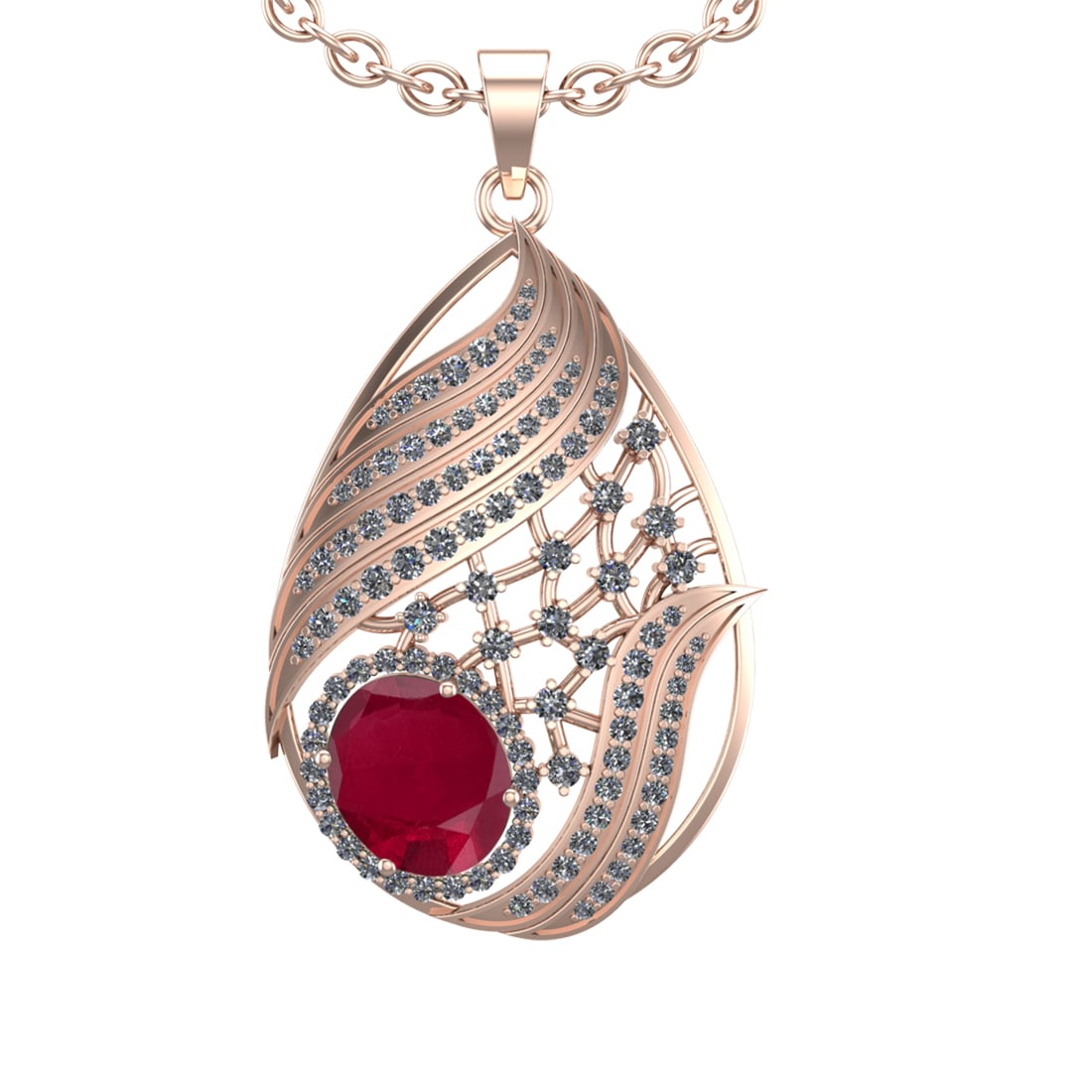 6.68 Ctw VS/SI1 Ruby and Diamond 14k Rose Gold Pendant (ALL DIAMOND ARE LAB: Center Stone Weight :-4.80 Ctw ( Oval cut) Center Stone Color :-Ruby Setting : Prong Side Diamond Weight Of Ctw 1.88 Ctw Color : J-K Clarity : VS/SI1 Stone Setting : Prong Metal Weight : Approx 12.80