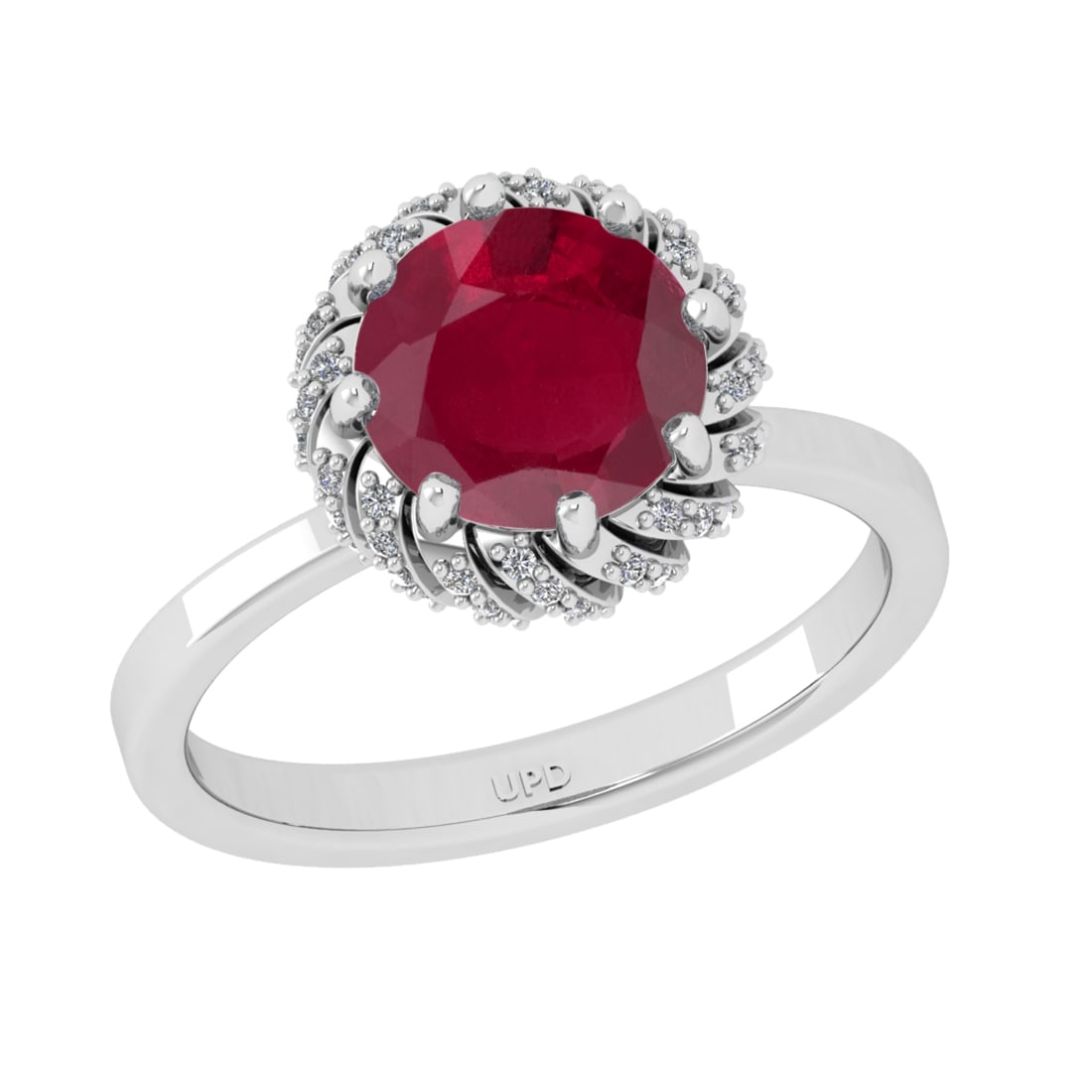 2.25 Ctw VS/SI1 Ruby and Diamond Prong Set 14K White Gold Engagement Ring: Center stone Weight :-: 2.00 Ctw ( Round Cut) Color :- Ruby Center Stone Setting : Prong Side Diamond Weight Of Ctw 0.25 Ctw Color : J-K Clarity : VS/SI1 Stone Setting : Prong Metal Weight : Approx
