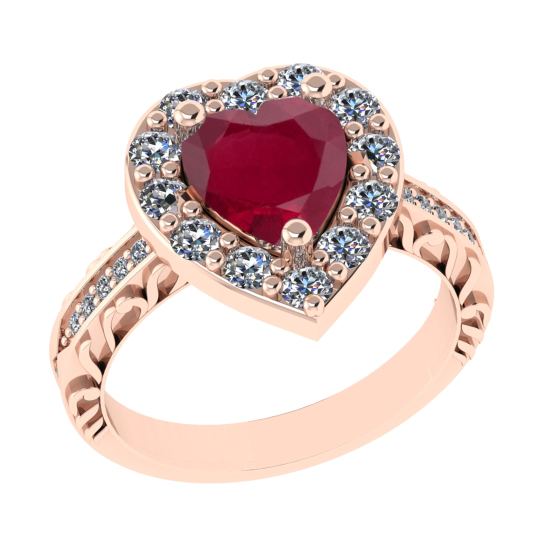2.52 Ctw VS/SI1 Ruby And Diamond 14k Rose Gold Engagement Ring (ALL DIAMOND: Center Stone Weight : 1.50 Ctw ( Heart Cut ) Center Stone Color : Ruby Stone Setting : Prong Side Diamond Weight Of Ctw 1.02 Ctw Side Stone Color : G-H Stone Clarity : VS/SI1 Stone Setting : Prong Met