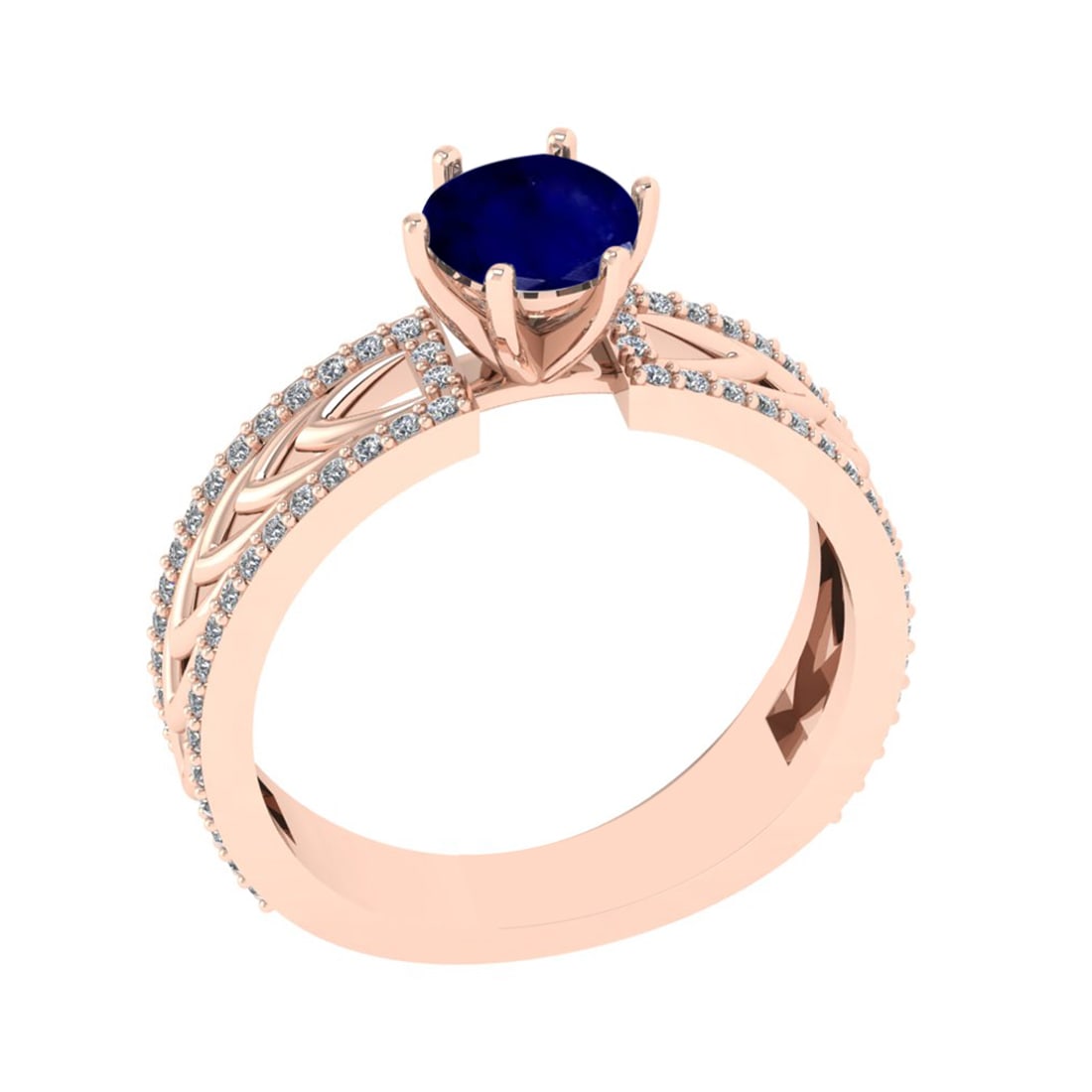 1.36 Ctw VS/SI1 Blue Sapphire and Diamond Prong Set 14K Rose Gold Engagemen: Center Stone Weight : 1.00 Ctw (Round Cut) Center Stone Color : Blue Sapphire Setting : Prong Side Weight Of Ctw 0.36 Ctw Color : J-K Clarity : VS/SI1 Stone Setting : Prong Metal Weight : Approx 4.60