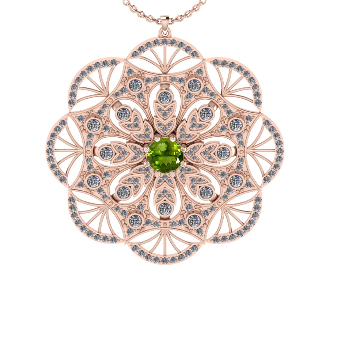 2.47 Ctw VS/SI1 Peridot and Diamond Set 10K Rose Gold Pendant (ALL DIAMOND: Center Stone Weight :-0.84 Ctw ( Round Cut) Center Stone Color :-Peridot Center Stone Setting : Prong Side Diamond Weight Of Ctw 1.63 Ctw Color : J-K Clarity : VS/SI1 Daimond Setting : Prong Metal Wei