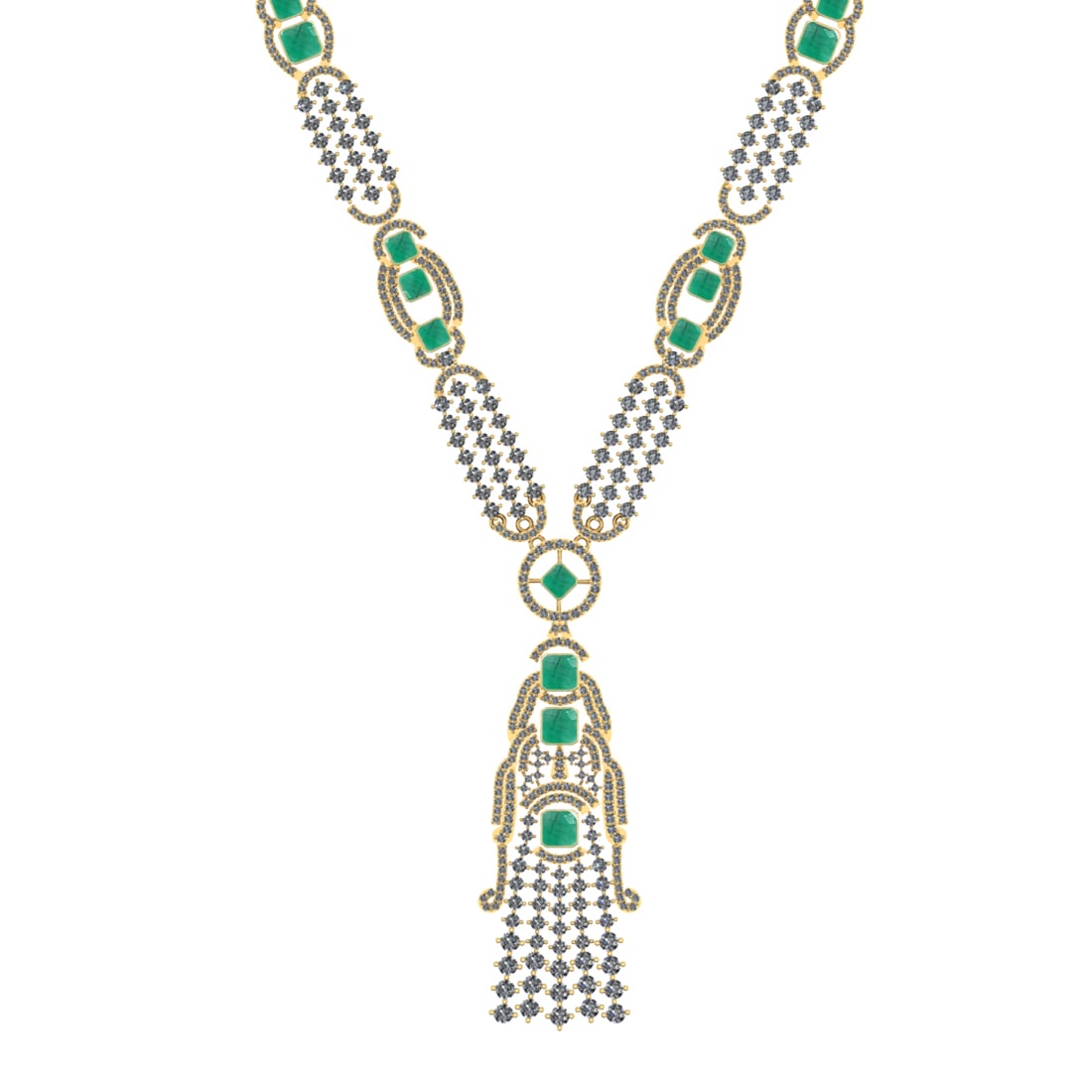 10.25 Ctw VS/SI1 Emerald and Diamond 14k Yellow Gold Necklace ALL DIAMOND A: Center Stone Weight :- 3.57 Ctw ( Square Cut) Color :- Emerald Center Stone Setting : Prong Side Diamond Weight Of Ctw 6.68 Ctw Color : G-H Clarity : VS/SI1 Stone Setting : Prong Metal Weight : Approx