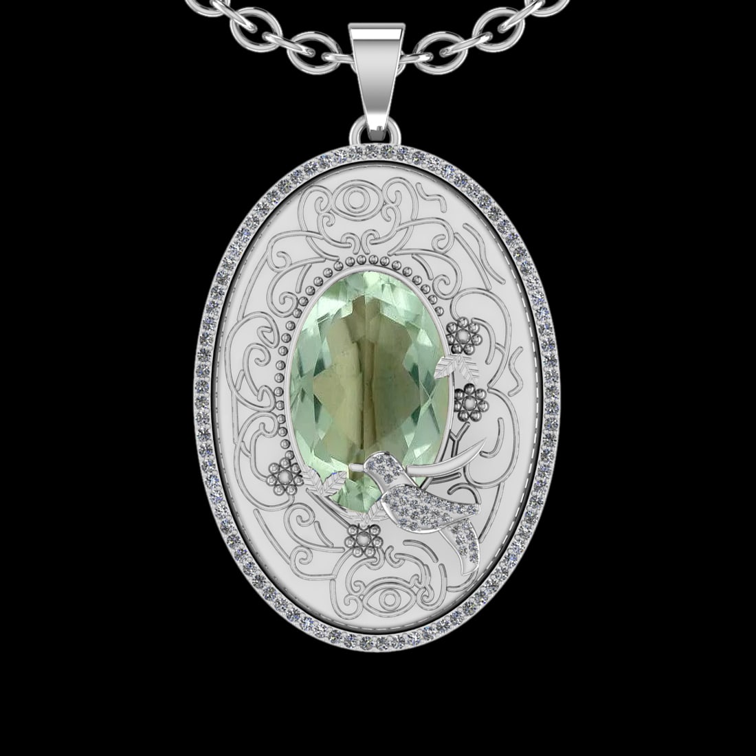 15.54 Ctw VS/SI1 Green Amethyst And Diamond 14k White Gold Pendant Neklace(: Center Stone Weight : 14.81 Ctw ( Oval Cut ) Center Stone Color : Green Amethyst Stone Setting : Prong Side Diamond Weight Of Ctw 0.73 Ctw Side Stone Color : J-K Stone Clarity : VS/SI1 Stone Setting :