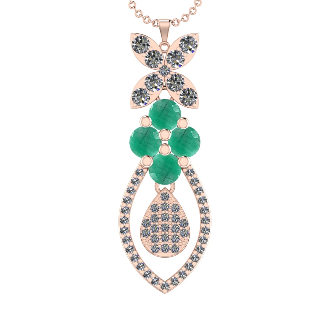 19.90Ctw VS/SI1 Emerald and Diamond 14K Rose Gold Necklace(ALL DIAMOND ARE: Center Stone Weight :8.00Ctw (Round cut) Color :- Emerald Center Stone Setting : Prong Side Diamond Weight Of Ctw11.90Ctw Color : J-K Clarity : VS/SI1 Stone Setting : Prong Metal Weight : Approx17.28g