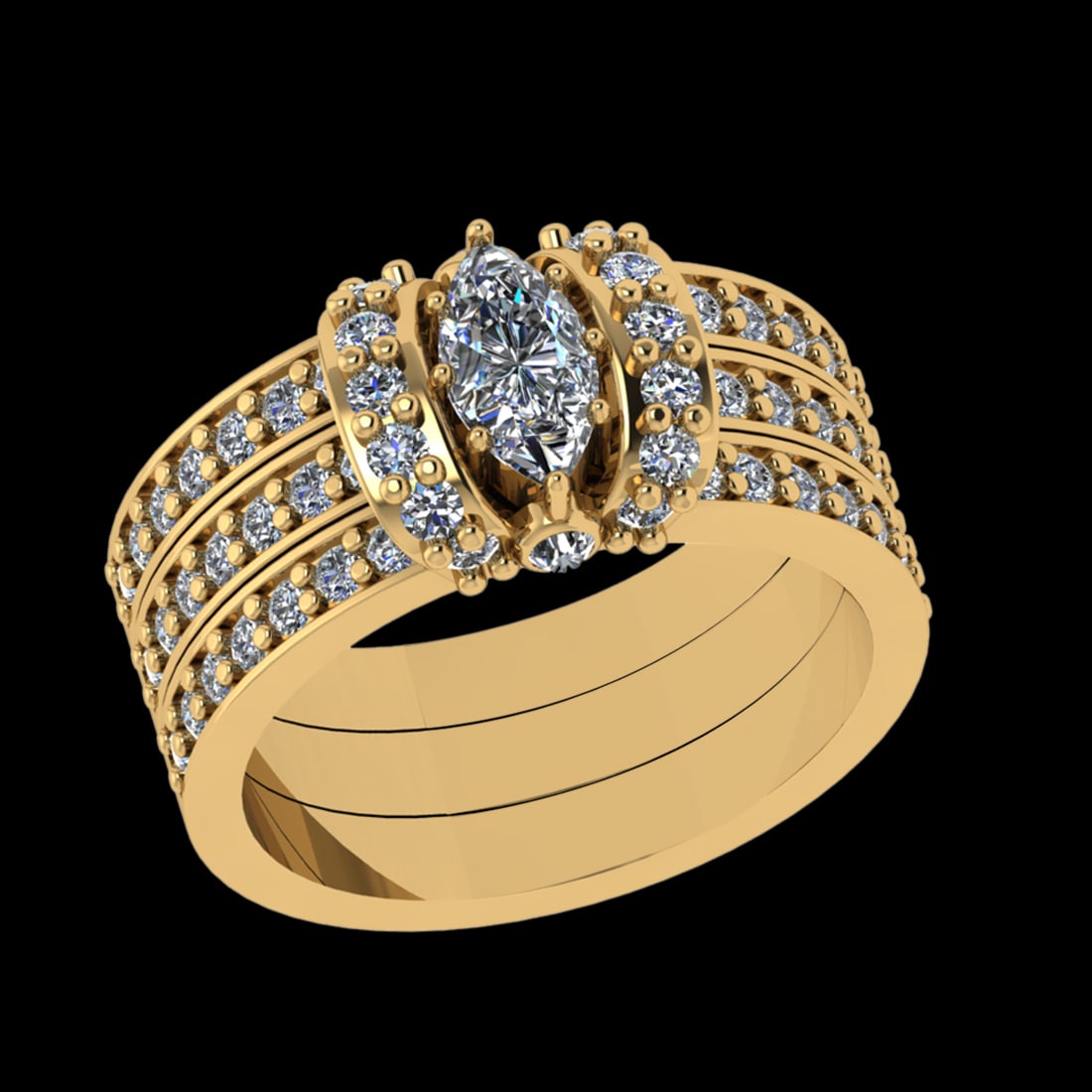1.39 Ctw VS/SI1 Diamond Prong Set 18k Yellow Gold Engagement Ring (ALL DIAM: Center Daimond Weight :-0.50 Ctw ( Marquise Cut ) Color : G-H Clarity : VS/SI1 Side Diamond Weight Of Ctw 0.89 Ctw Color : G-H Clarity : VS/SI1 Daimond Setting : Prong Metal Weight : Approx 8.90 gram