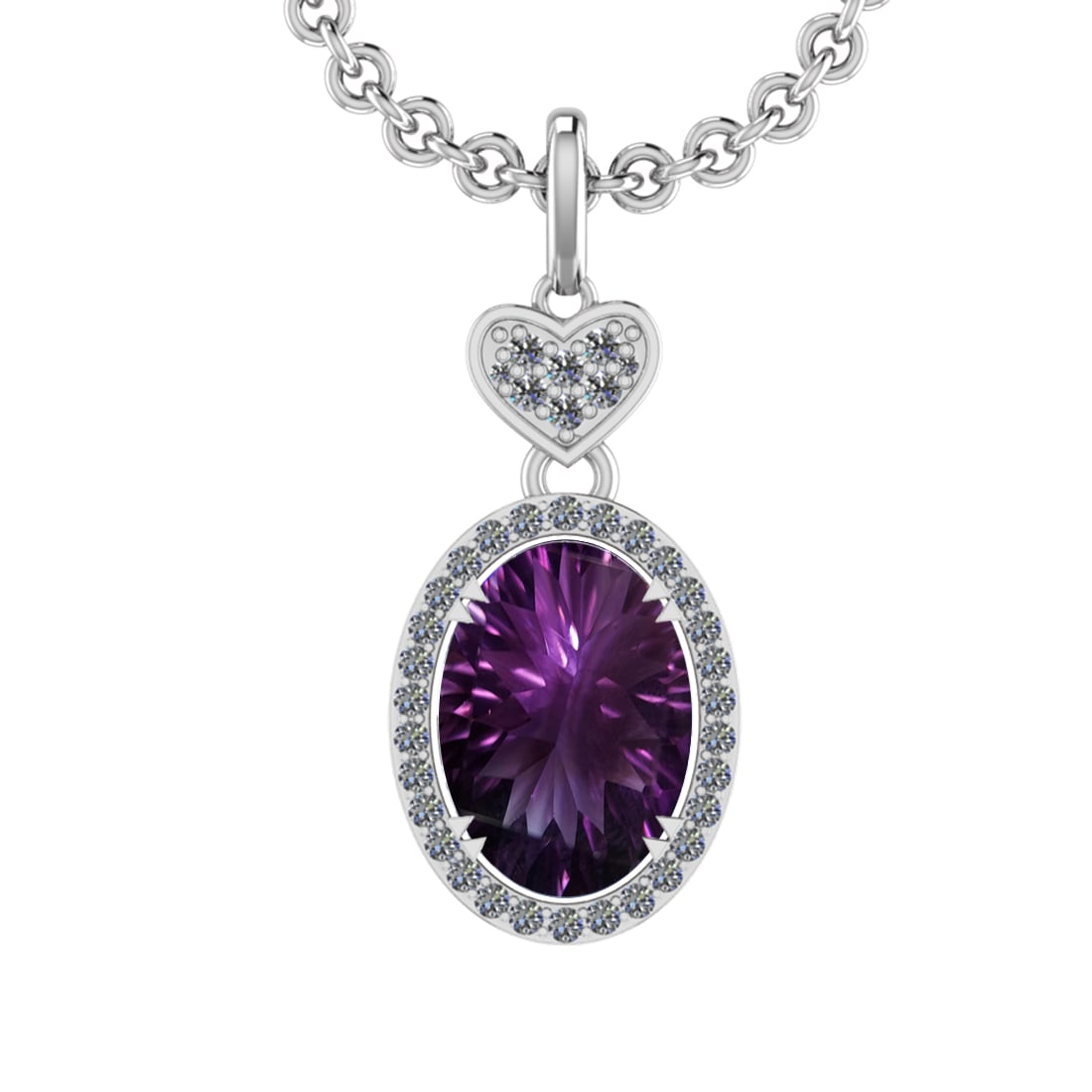 12.57 Ctw VS/SI1 Amethyst and Diamond 14K White Gold Pendant: Center Stone Weight : 12.20 Ctw ( Oval Cut) Center Stone Color :-Amethyst Setting : Prong Side Weight Of Ctw 0.37 Ctw Color : J-K Clarity : VS/SI1 Stone Setting : Prong Metal Weight : Approx 6.80 gram
