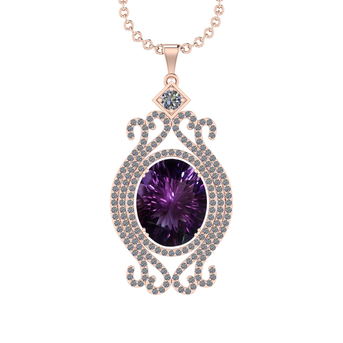 11.88 Ctw VS/SI1 Amethyst and Diamond 14K Rose Gold Pendant (ALL DIAMOND AR: Color Stone Weight : 11.37 Ctw ( Oval Cut) Stone Color :- Amethyst Center Stone Setting : Prong Side Weight Of Ctw 0.51 Ctw Color : J-K Clarity : VS/SI1 Stone Setting : Prong Metal Weight : Approx 7.7