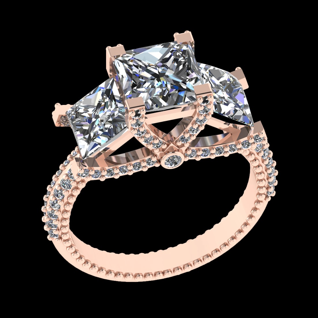 4.58 Ctw VS/SI1 Diamond Prong Set 18k Rose Gold Engagement Ring: Center Daimond Weight :-4.00 Ctw ( 3 pc Princess Cut) Color : G-H Clarity : VS/SI1 Side Diamond Weight Of Ctw 0.58 Ctw Color : G-H Clarity : VS/SI1 Daimond Setting : Prong Metal Weight : Approx 5.68 g
