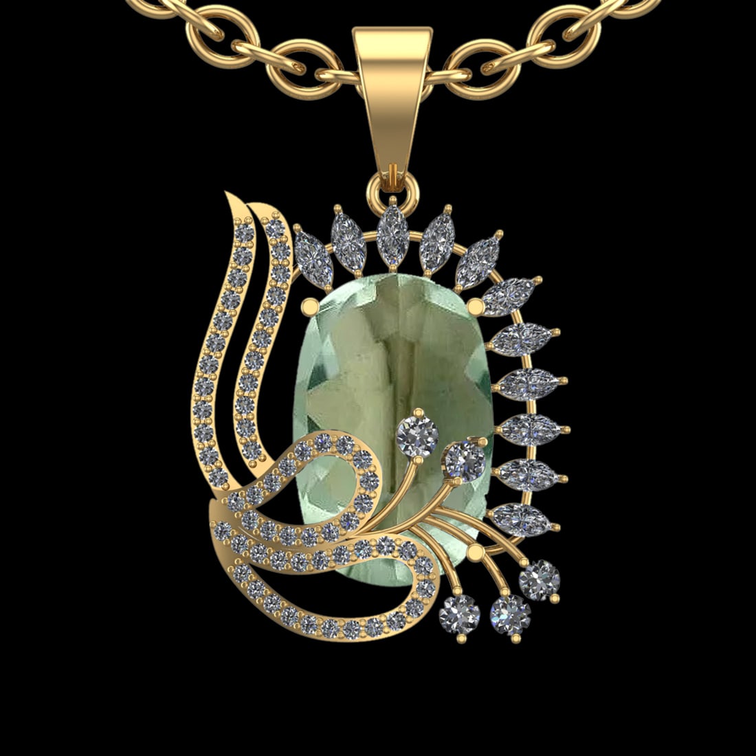 20.43 Ctw VS/SI1 Green Amethyst And Diamond 14K Yellow Gold Necklace( ALL D: Center Stone Weight : 18.52 Ctw ( Cushion Cut ) Center Stone Color : Green Amethyst Stone Setting : Prong Side Diamond Weight Of Ctw 1.91 Ctw Side Stone Color : J-K Stone Clarity : VS/SI1 Stone Settin