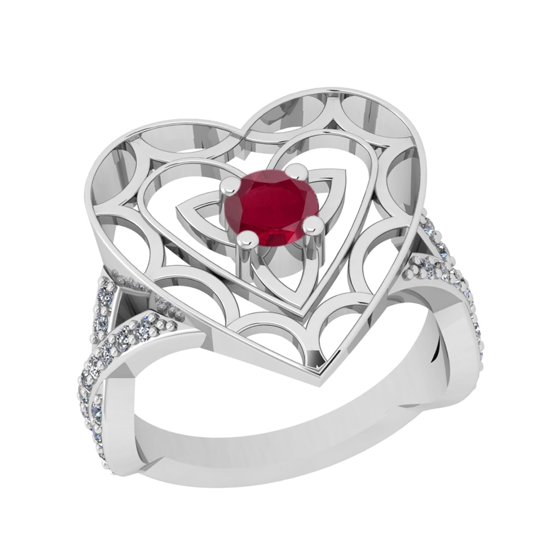 0.90 Ctw VS/SI1 Rubyand Diamond Prong Set 14k white Gold Engagement Ring: Center Stone Weight :-0.50 Ctw ( Round Cut ) Center Stone Color :-Ruby Center Stone Setting : Prong Side Diamond Weight Of Ctw :- 0.40 Ctw Color : J-K Clarity : VS/SI1 Daimond Setting : Prong Metal We