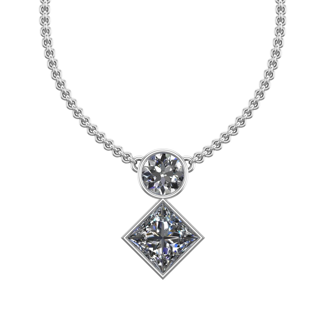 1.75 Ctw SI2/SI1 Diamond Prong Set 14K white Gold Two-Stone Pendant Necklac: Total Daimond Weight :-1.75 Ctw ( Round & Princess cut ) Color : G-H Clarity : SI2/SI1 Setting : Prong Metal Weight : Approx 2.46 gram 14K White Gold Two-Stone Pendant Necklace (ALL DIAMOND ARE LAB GR