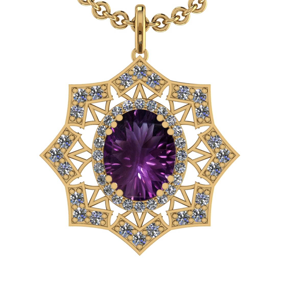 22.81 Ctw VS/SI1 Amethyst and Diamond 14K Yellow Gold Pendant: Center Stone Weight : 20.97 Ctw ( Oval Cut) Center Stone Color :-Amethyst Setting : Prong Side Weight Of Ctw 1.84 Ctw Color : J-K Clarity : VS/SI1 Stone Setting : Prong Metal Weight : Approx 12.90 gra