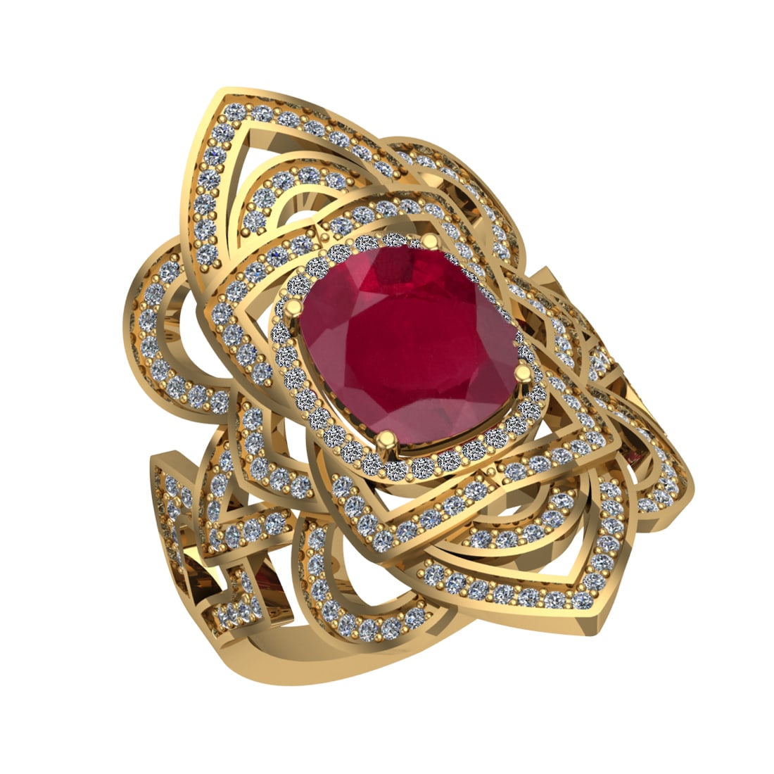 3.40 Ctw VS/SI1 Ruby and Diamond 14k Yellow Gold Engagement Halo Ring (LAB: Center Stone Weight :- 2.50 Ctw ( Cushion Cut) Color :- Ruby Center Stone Setting : Prong Side Diamond Weight Of Ctw 0.90 Ctw Color : G-H Clarity : VS/SI1 Stone Setting : Prong Metal Weight : Approx 6