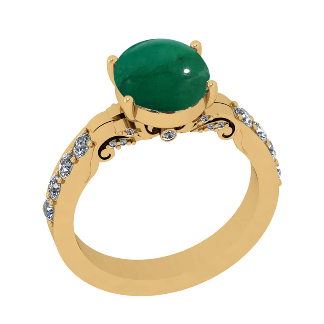 3.15 Ctw VS/SI1 Emerald and Diamond Prong Set 14k Yellow Gold Engagement Ri: Center Stone Weight :-2.62 Ctw ( Oval Cab ) Center Stone Color :-Emerald Center Stone Setting : Prong Side Diamond Weight Of Ctw :- 0.53 Ctw Color : J-K Clarity : VS/SI1 Daimond Setting : Prong Metal