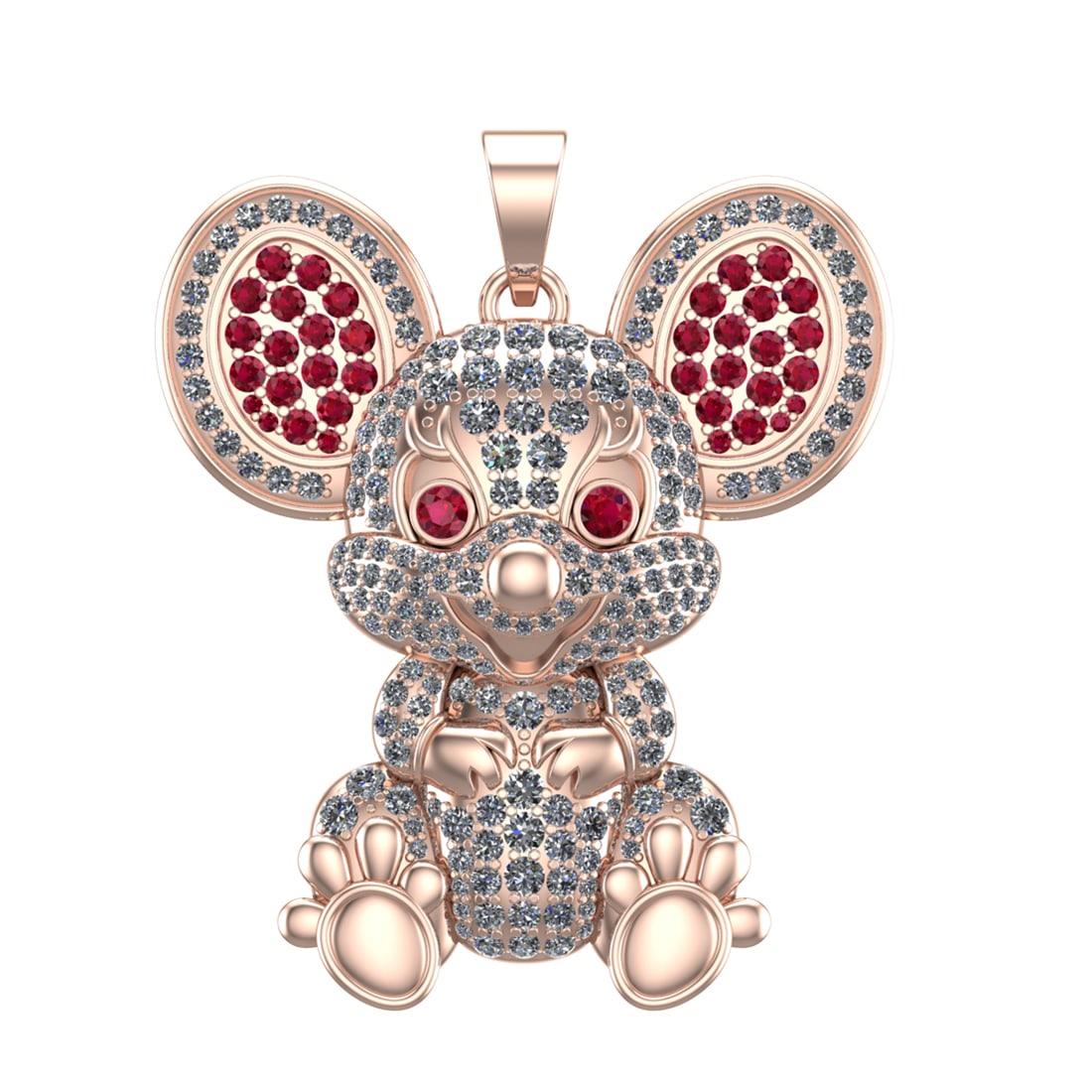 3.46 Ctw SI2/SI1 Diamond Prong Set 14k Rose Gold Teddy Bear Theme Pendant (: Color Stone Weight :- 0.82 ctw stone color :-Ruby setting :- Prong Total Daimond Weight :-2.64 Ctw Color : G-H Clarity : SI2/SI1 Setting : Prong Metal Weight : Approx 22.52 Gram 14k Rose Gold Teddy Be