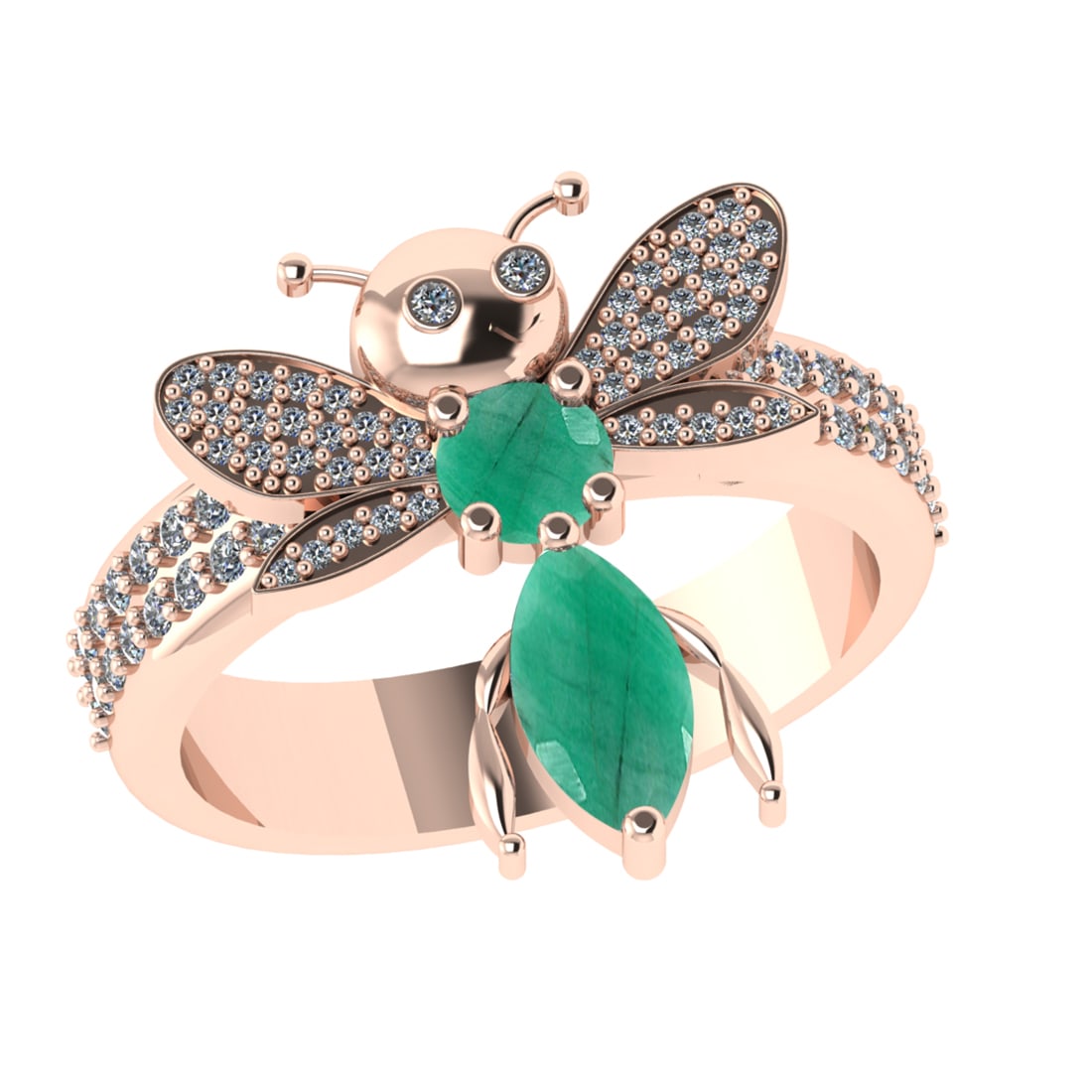 1.31 Ctw VS/SI1 Emerald and Diamond 14k Rose Gold Bees theme Ring (ALL DIAM: Center Stone Weight :-0.75 Ctw ( Marquise & Round Cut) Center Stone Color :-Emerald Center Stone Setting : Prong Side Diamond Weight Of Ctw :- 0.38 Ctw Color : J-K Clarity : VS/SI1 Daimond Setting : P