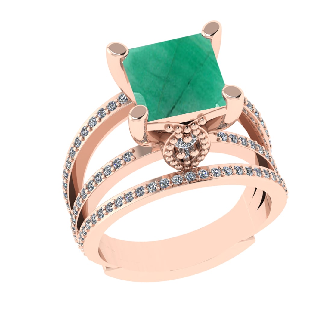 2.70 Ctw VS/SI1 Emerald And Diamond 14k Rose Gold Engagement Ring (ALL DIAM: Center Stone Weight : 2.00 Ctw ( Cushion Cut ) Center Stone Color : Emerald Stone Setting : Prong Side Diamond Weight Of Ctw 0.70 Ctw Side Stone Color : G-H Stone Clarity : VS/SI1 Stone Setting : Pron