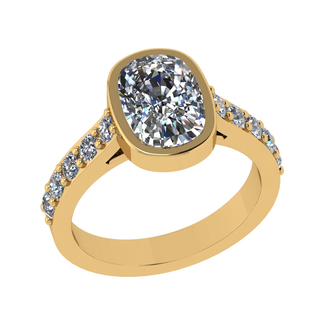 3.20 Ctw VS/SI1 Diamond Prong Set 14K Yellow Gold Engagement Ring: Center Diamond Weight :-2.50 Ctw ( Cushion Cut) Color :- J-K Clarity : VS/SI1 Center Stone Setting : Prong Side Diamond Weight Of Ctw 0.70 Ctw Color : J-K Clarity : VS/SI1 Stone Setting : Prong Metal