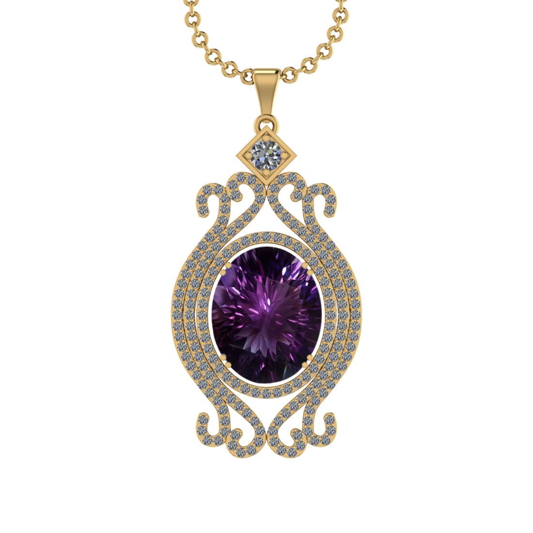 11.88 Ctw VS/SI1 Amethyst and Diamond 14K Yellow Gold Pendant (ALL DIAMOND: Color Stone Weight : 11.37 Ctw ( Oval Cut) Stone Color :- Amethyst Center Stone Setting : Prong Side Weight Of Ctw 0.51 Ctw Color : J-K Clarity : VS/SI1 Stone Setting : Prong Metal Weight : Approx 7.7