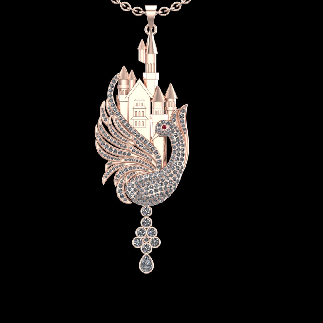 4.51 Ctw VS/SI1 Diamond 10k Rose Gold Birds theme Pendant (ALL DIAMOND ARE: Eye stone Weight :- 0.01 ctw Eye Stone Color :- Ruby Total Diamond Weight :-4.50 Ctw (Round cut) Color :- J-K Clarity : VS/SI1 Setting : Prong Metal Weight : Approx 32.90gram 10k Rose Gold Birds theme