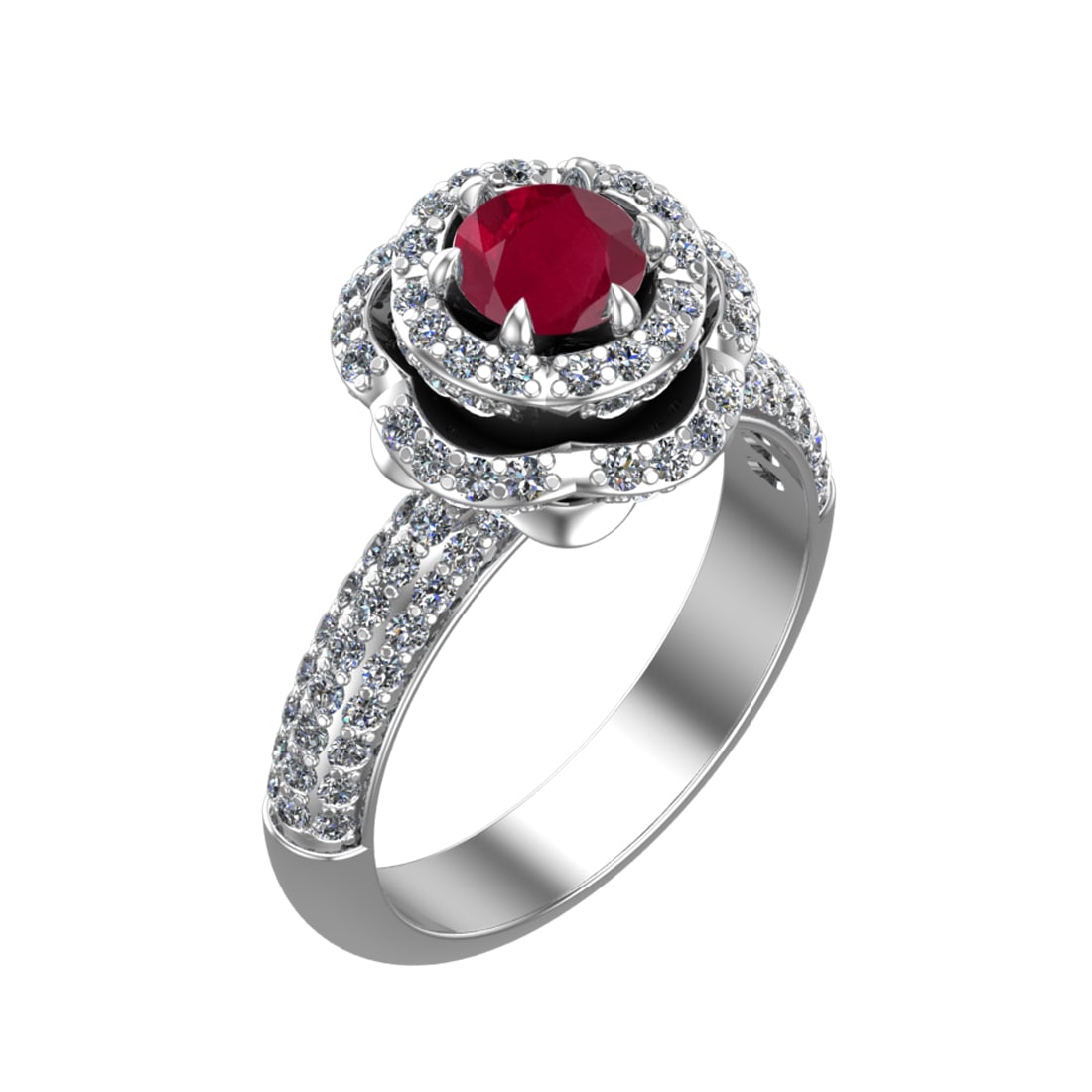 2.22 Ctw VS/SI1 Rubyand Diamond Prong Set 14k white Gold Engagement Ring: Center Stone Weight :-0.84 Ctw ( Round Cut ) Center Stone Color :-Ruby Center Stone Setting : Prong Side Diamond Weight Of Ctw :- 1.38 Ctw Color : J-K Clarity : VS/SI1 Daimond Setting : Prong Metal We