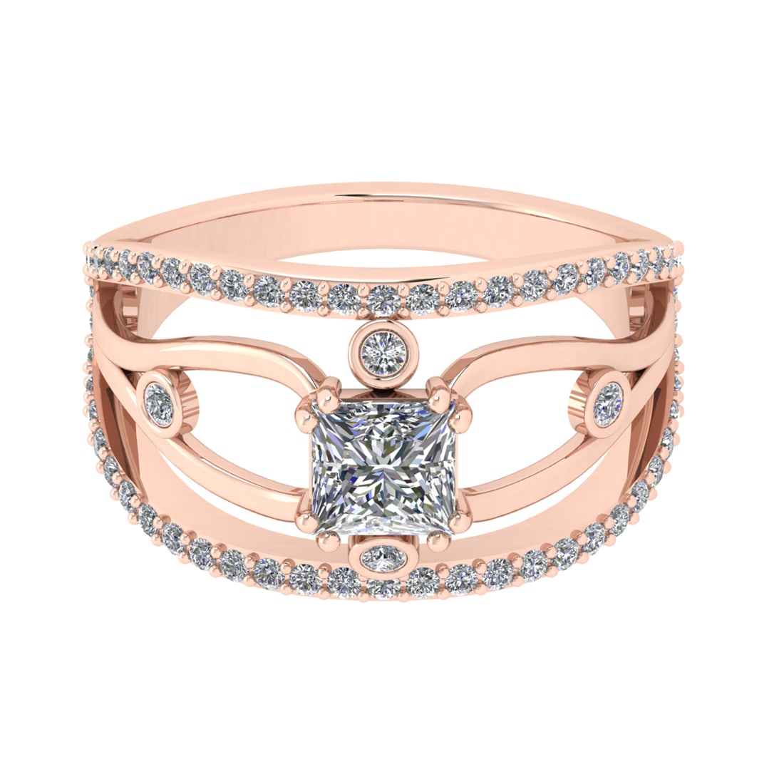 1.27 Ctw VS/SI1 Diamond Prong Set 14k Rose Gold Engagement Ring: Center Daimond Weight :-0.75 Ctw ( Princess Cut) Color : G-H Clarity : VS/SI1 Side Diamond Weight Of Ctw 0.52 Ctw Color : G-H Clarity : VS/SI1 Daimond Setting : Prong Metal Weight : Approx 4.91 gram 1